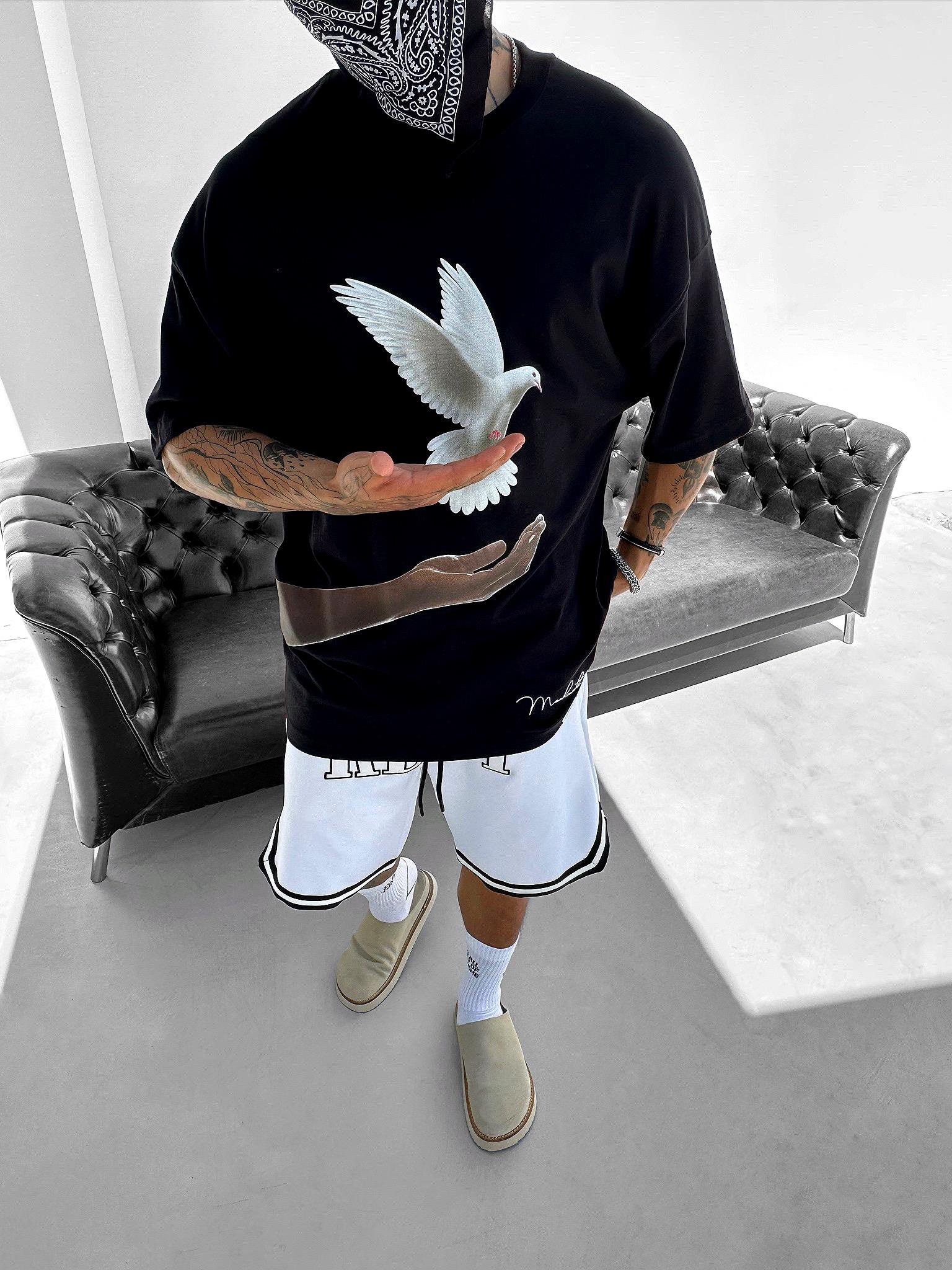 Pigeon Baskılı Oversize T-Shirt Siyah