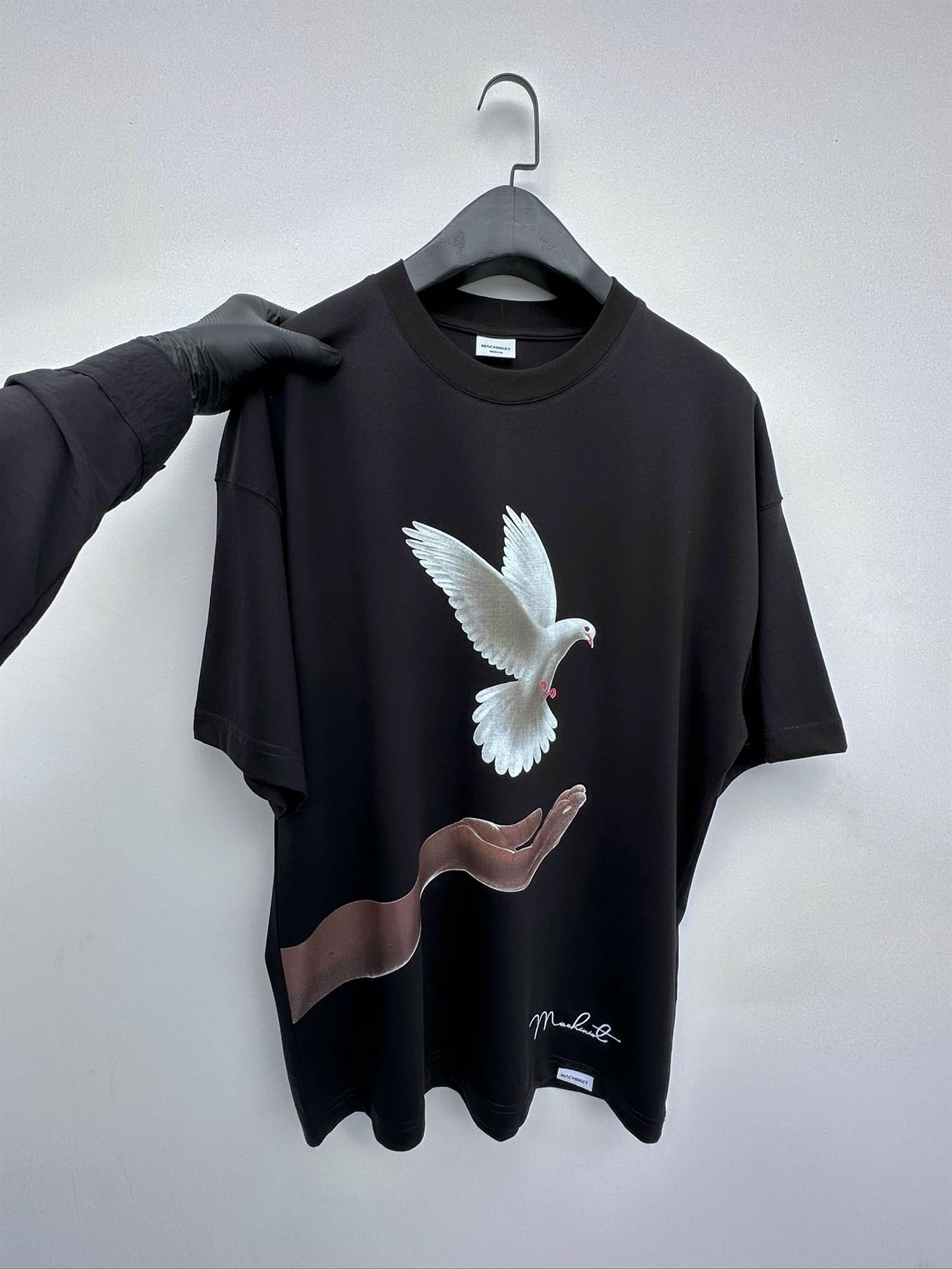 Pigeon Baskılı Oversize T-Shirt Siyah