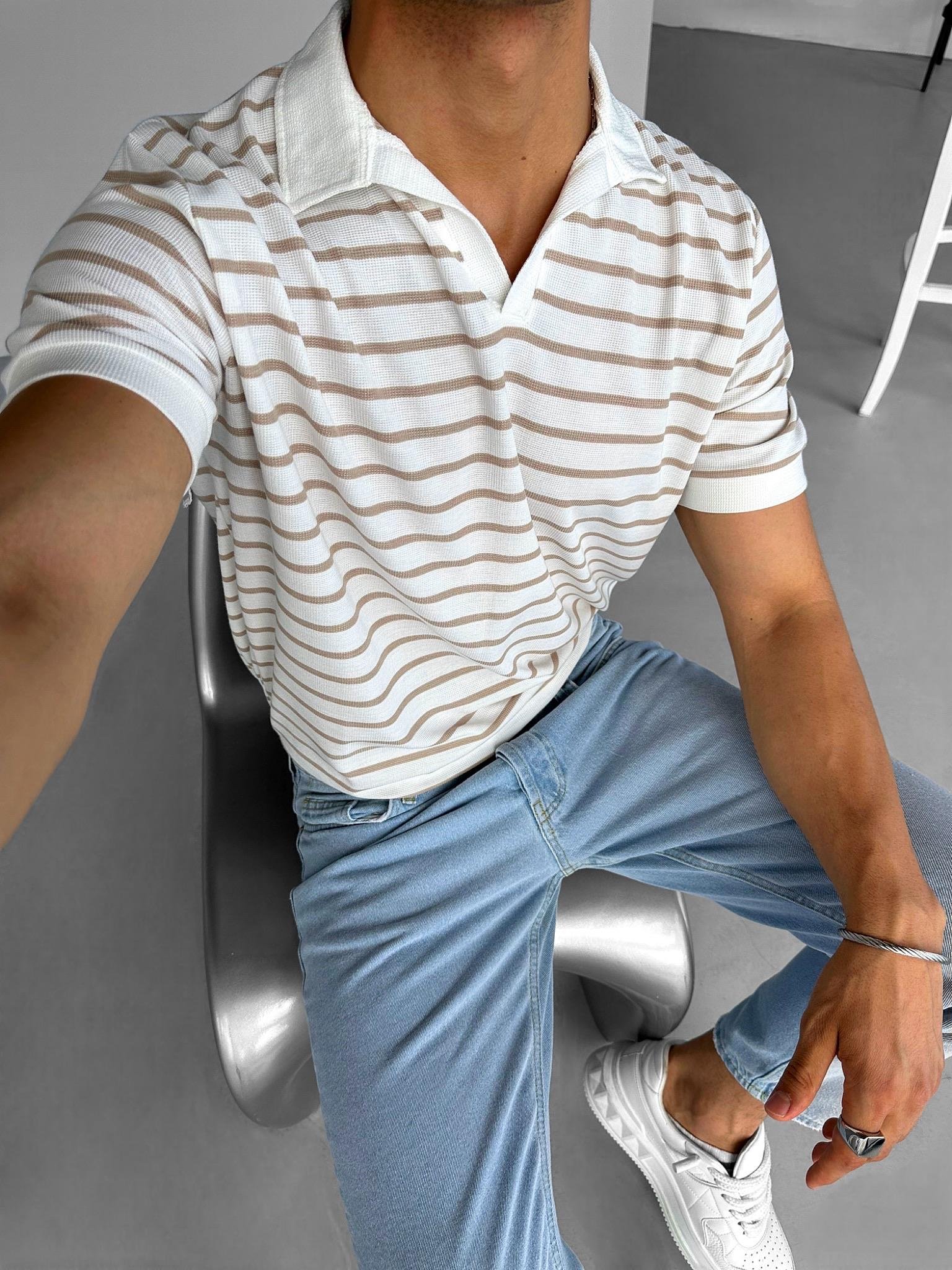 Polo Yaka Çizgili T-Shirt Bej