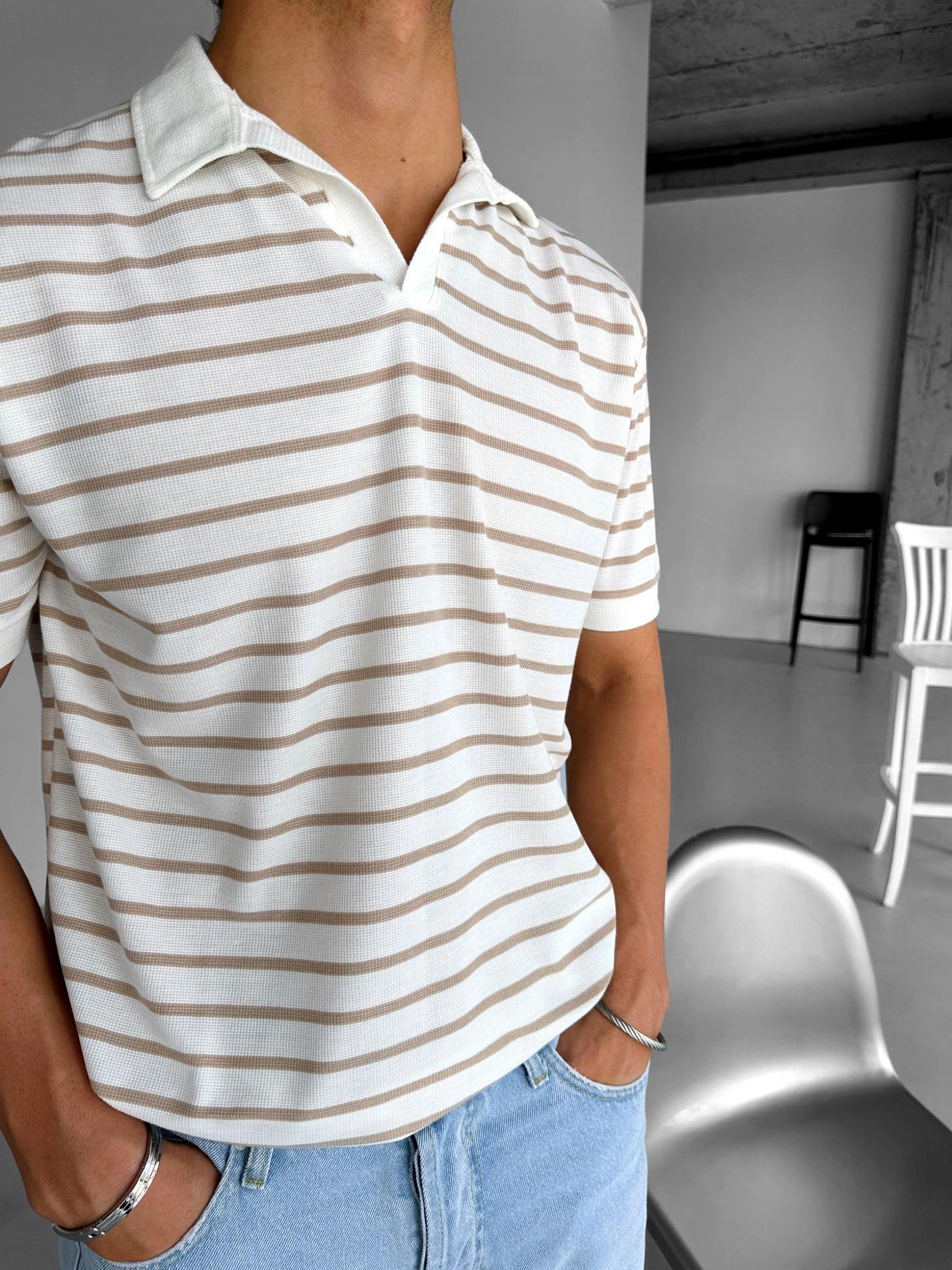 Polo Yaka Çizgili T-Shirt Bej