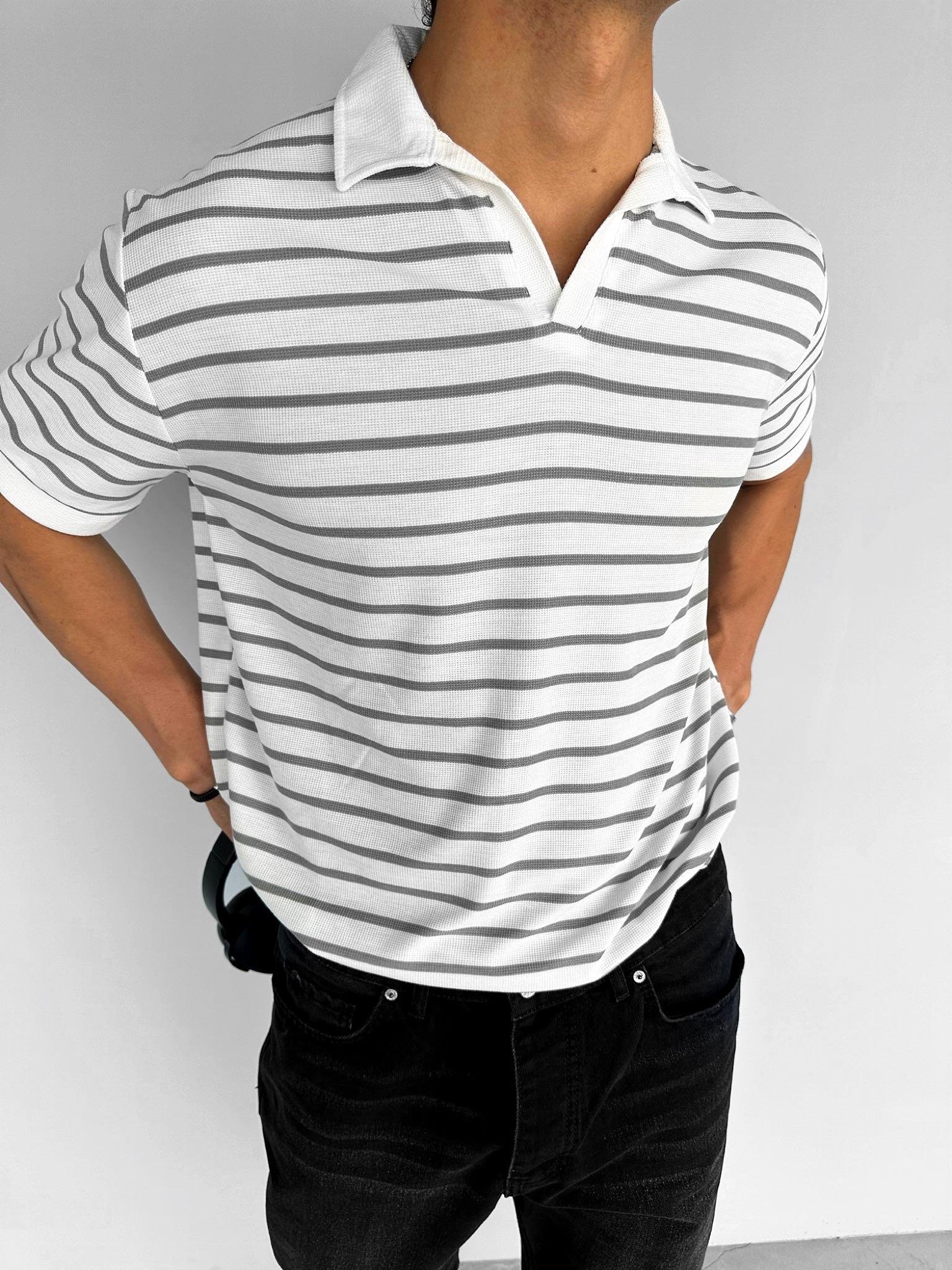 Polo Yaka Çizgili T-Shirt Gri