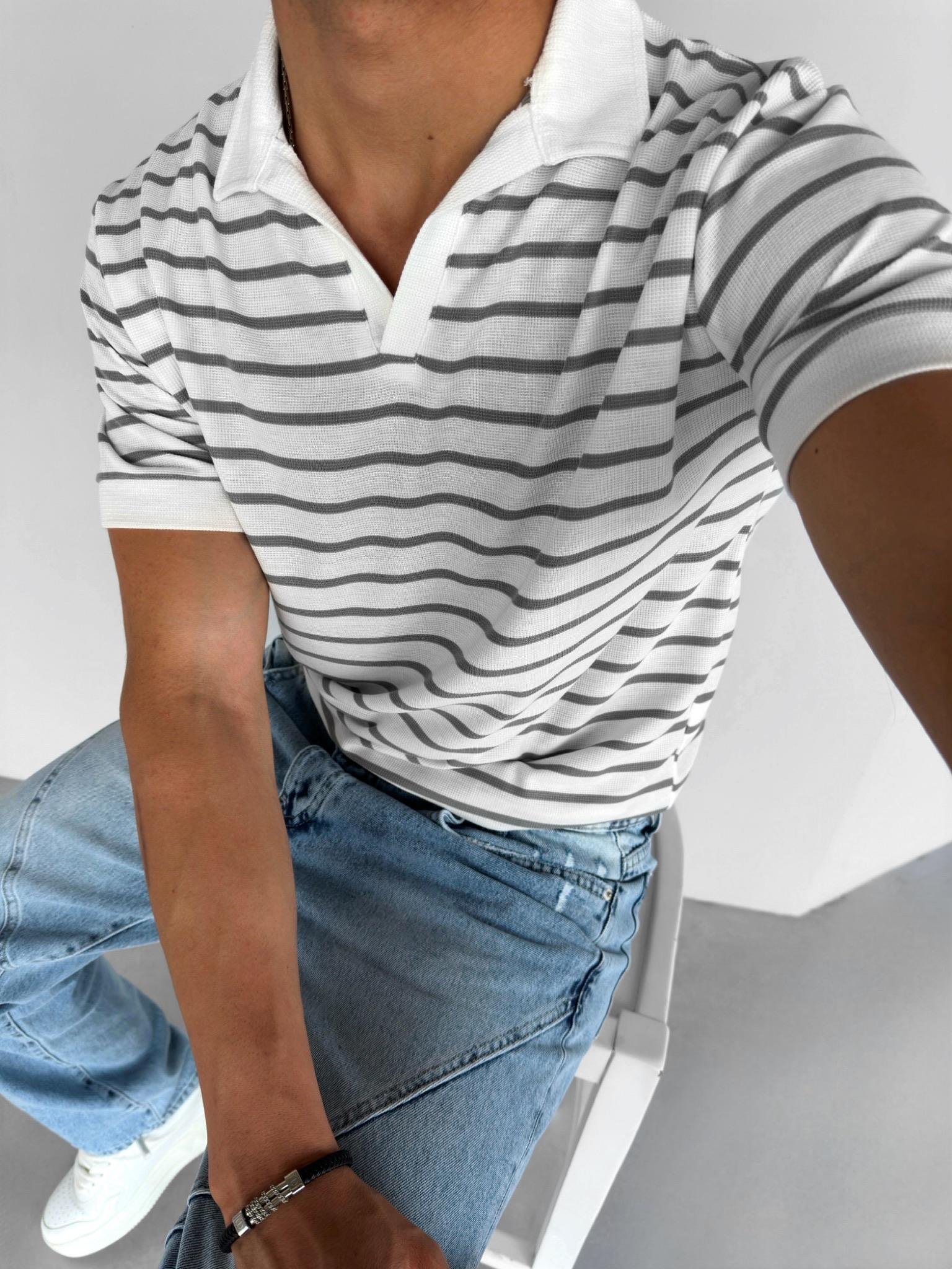 Polo Yaka Çizgili T-Shirt Gri