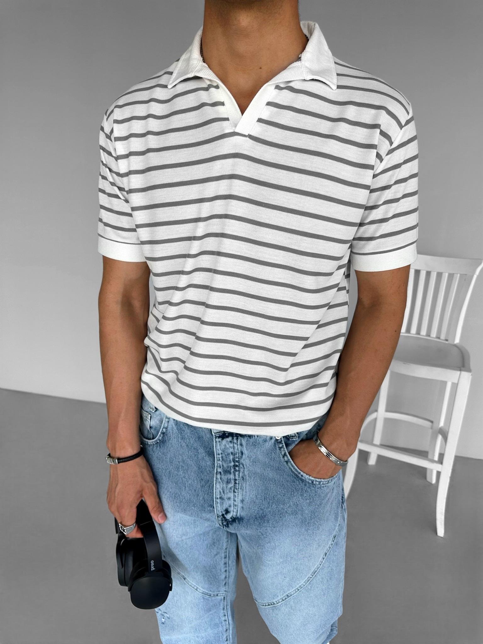 Polo Yaka Çizgili T-Shirt Gri