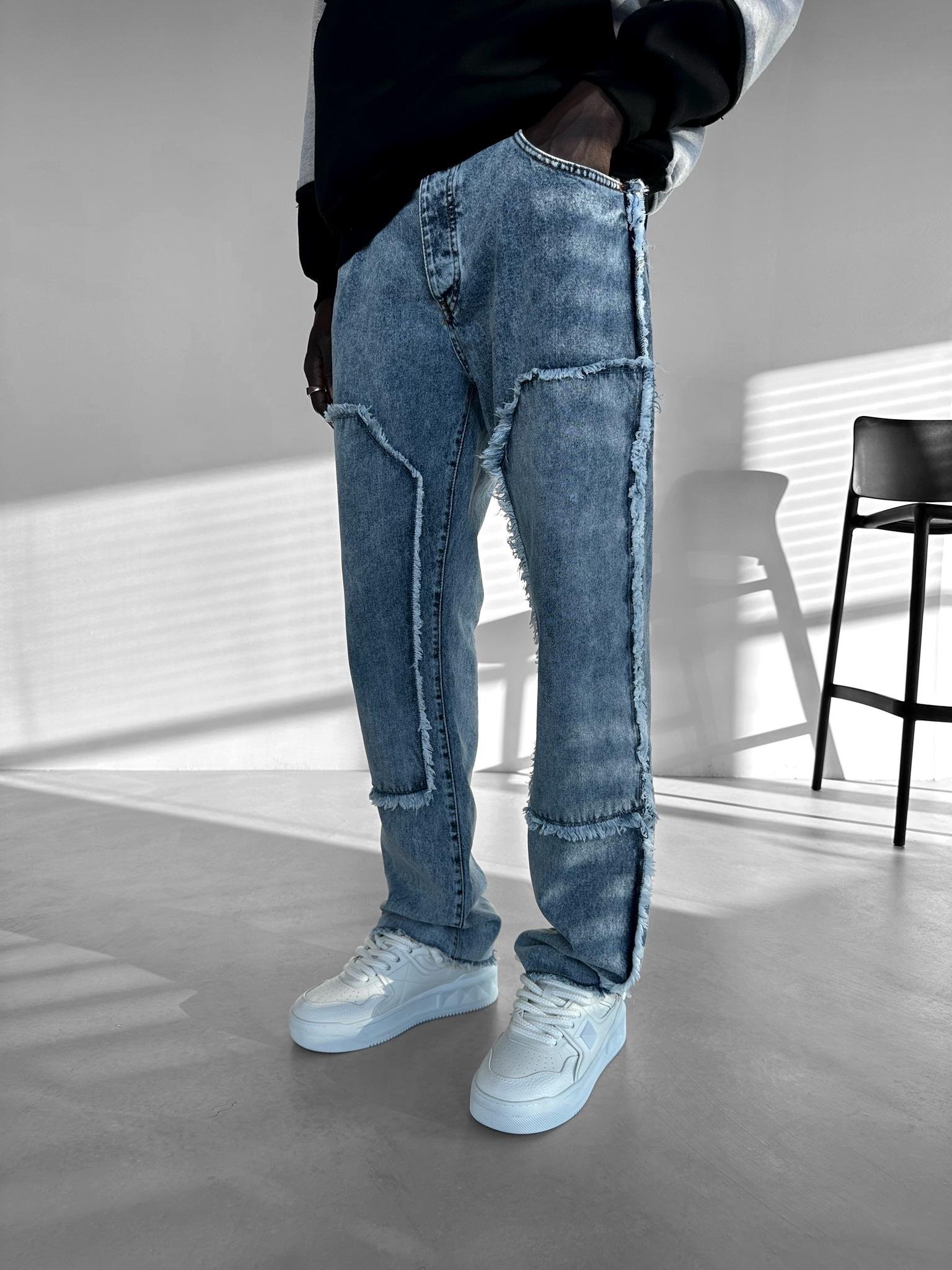 Püskül Blok Detaylı Jean Pantolon Buz Mavi