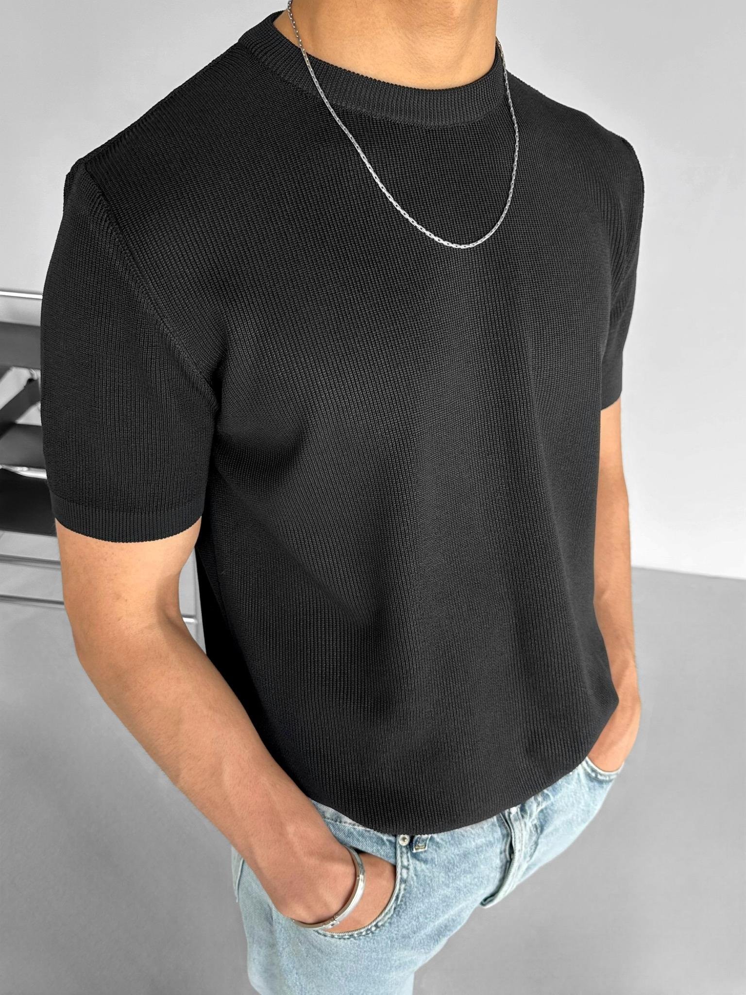 Regular Fit Bisiklet Yaka Esnek Triko T-Shirt Siyah