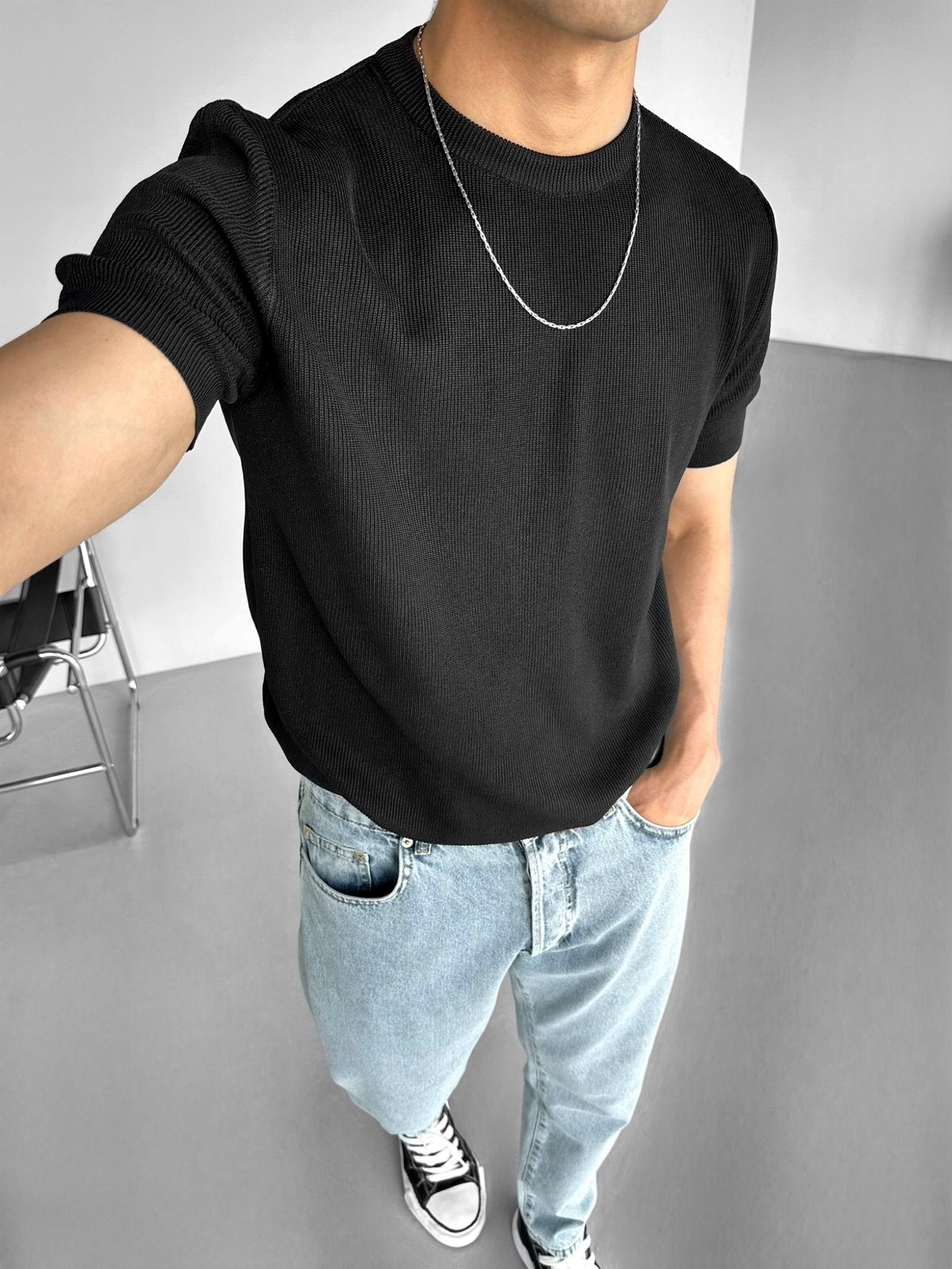 Regular Fit Bisiklet Yaka Esnek Triko T-Shirt Siyah