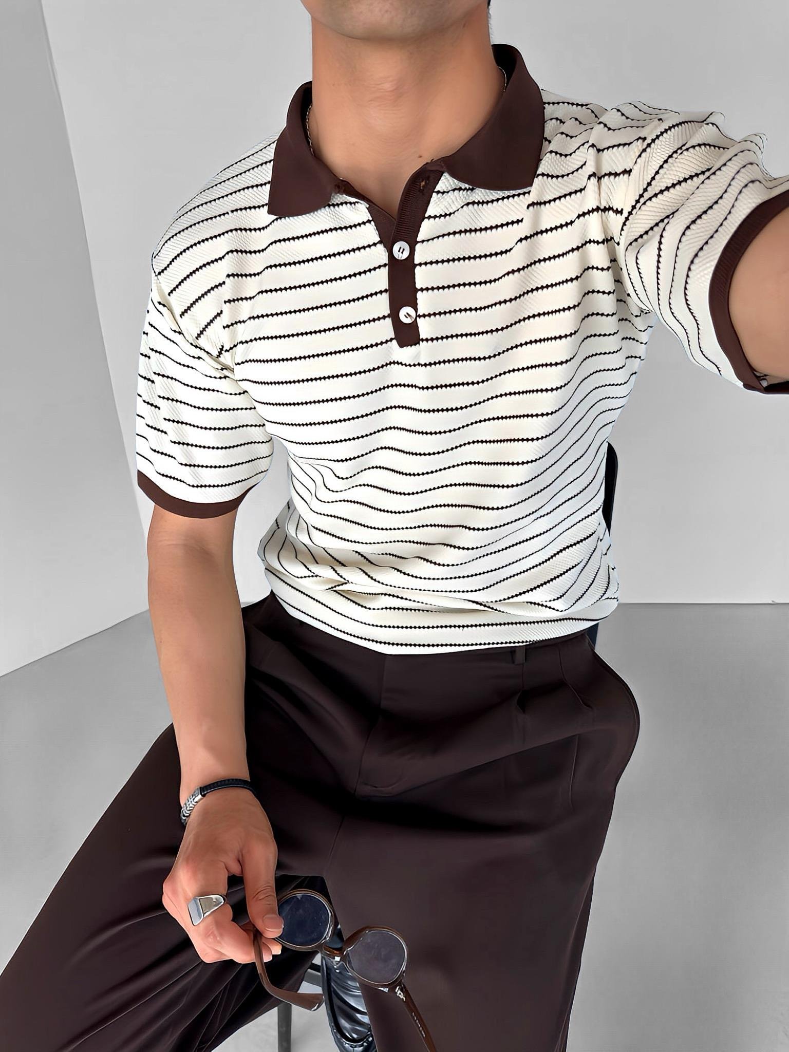 Regular Fit Esnek Düğmeli Polo Yaka Çizgili Esnek T-Shirt Kahverengi