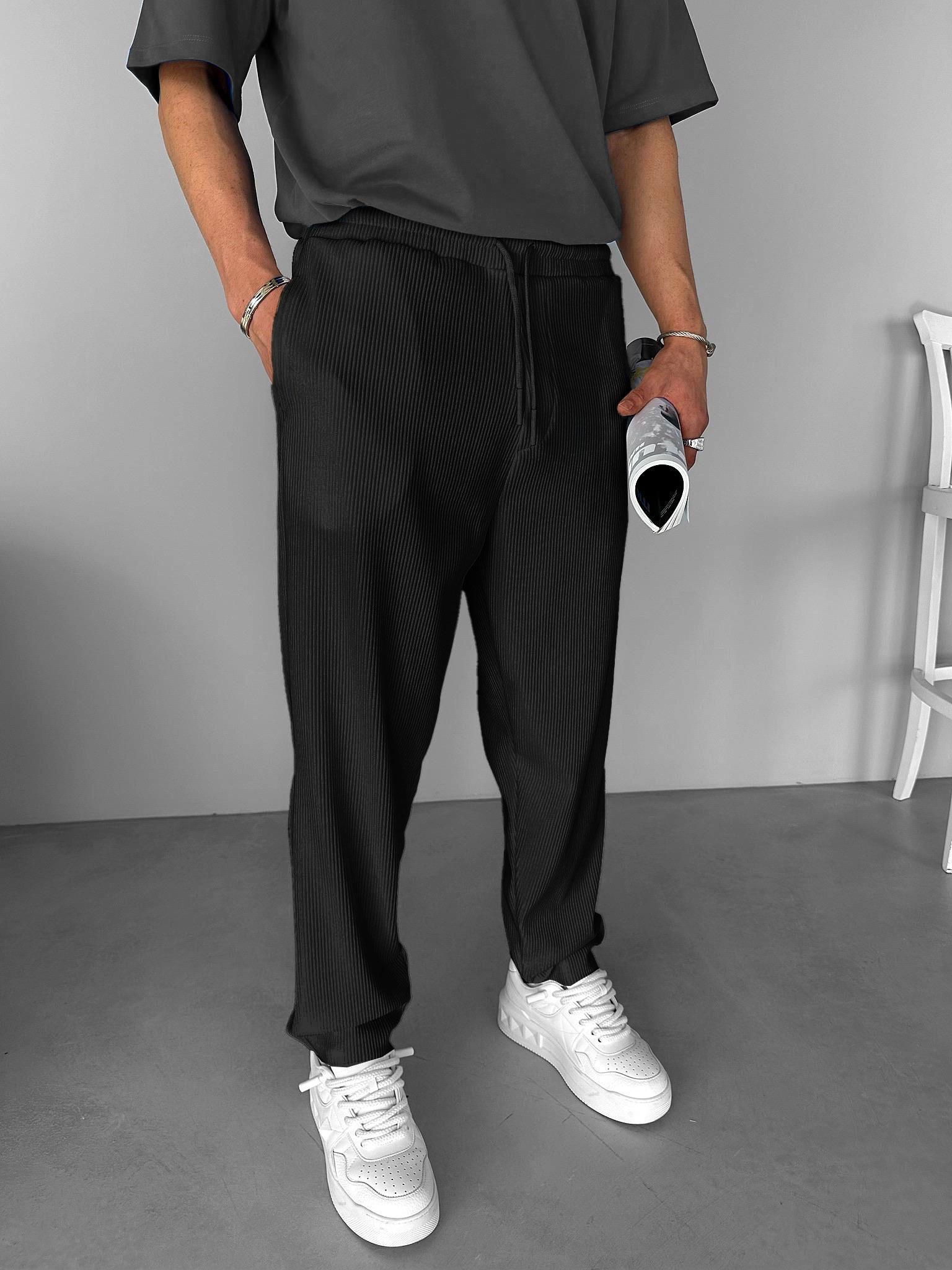 Regular Fit İpli Fitilli Rahat Pantolon Siyah