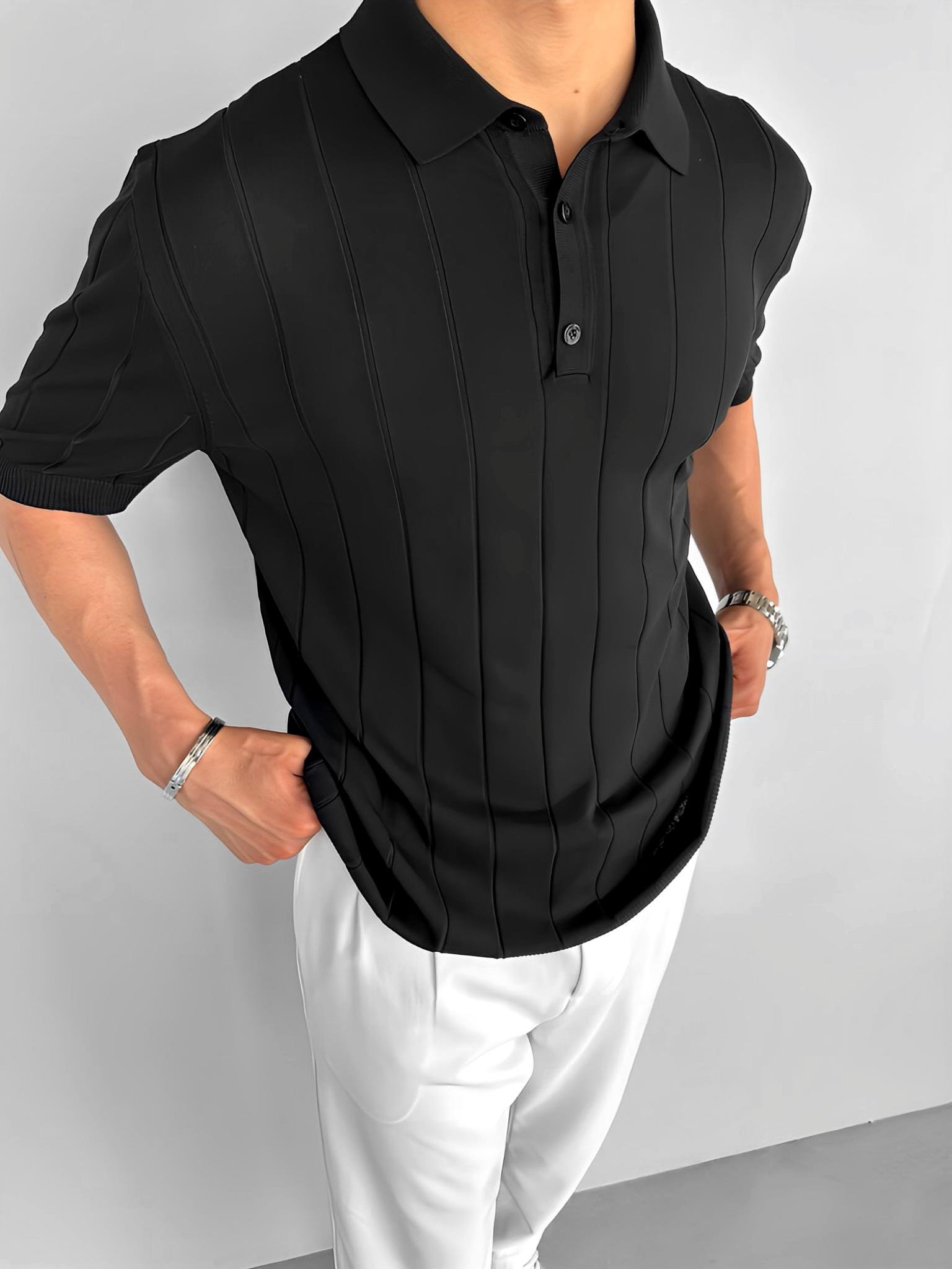 Slim Fit Polo Yaka Esneki Triko T-Shirt Siyah