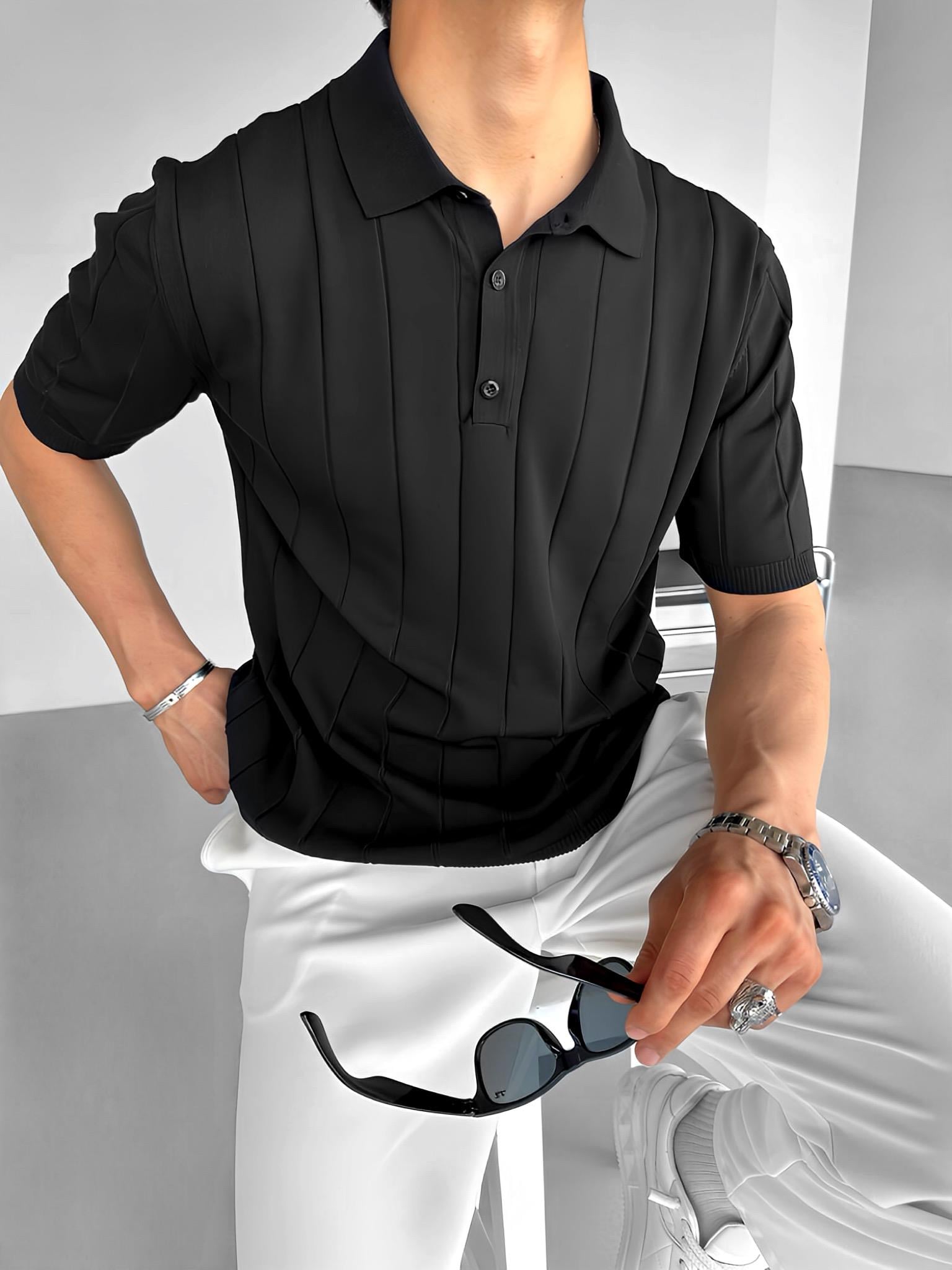 Slim Fit Polo Yaka Esneki Triko T-Shirt Siyah