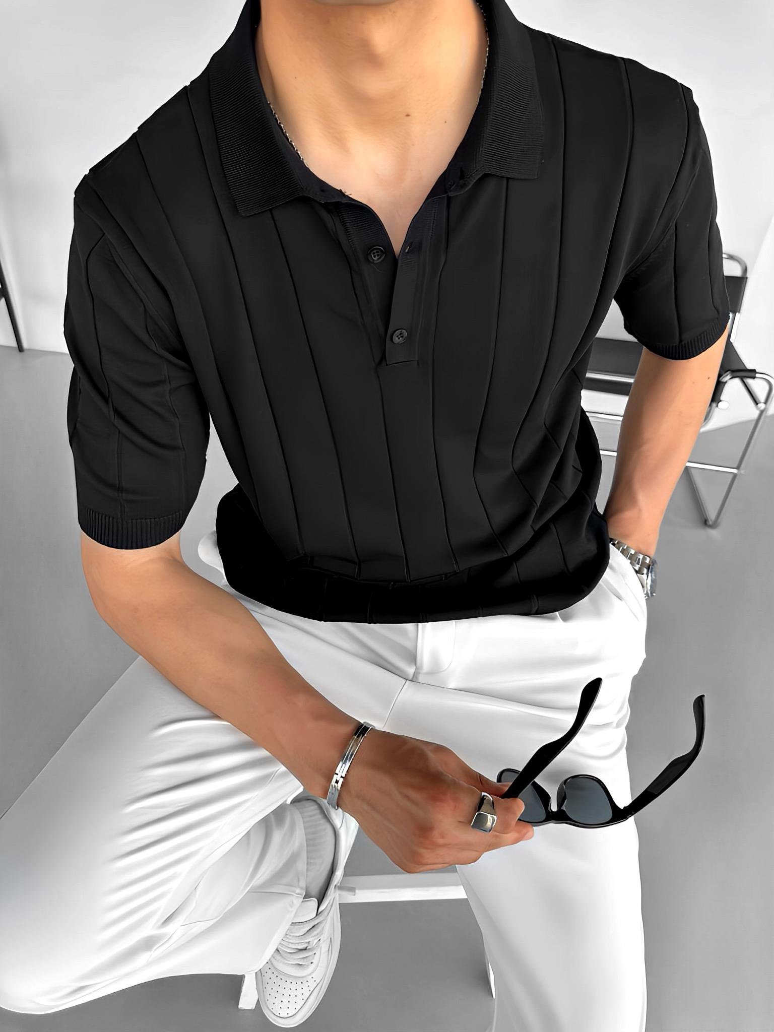 Slim Fit Polo Yaka Esneki Triko T-Shirt Siyah