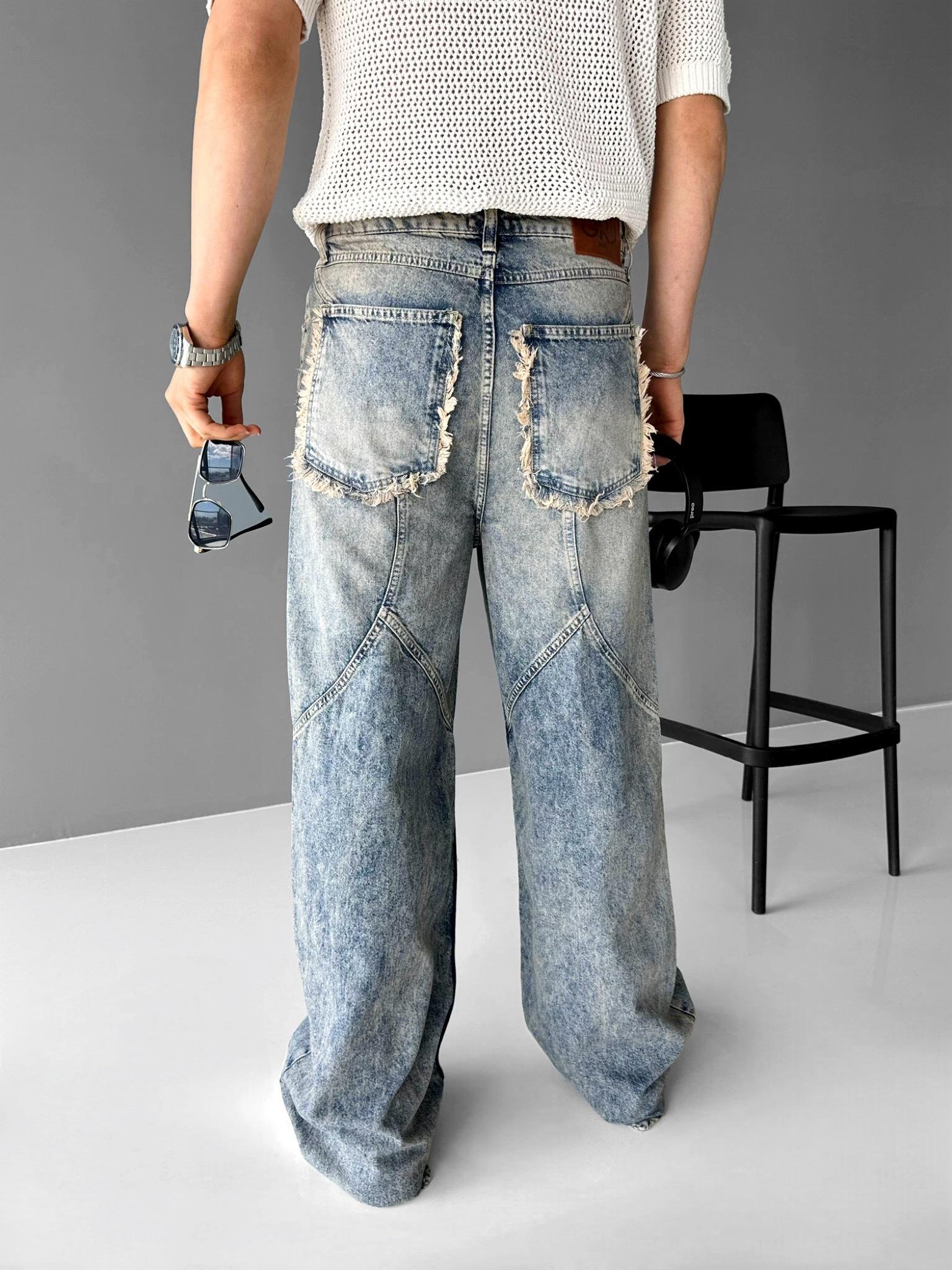 Super Baggy Fit Yan Pile Detaylı Yıkamalı  Jean Pantolon Mavi
