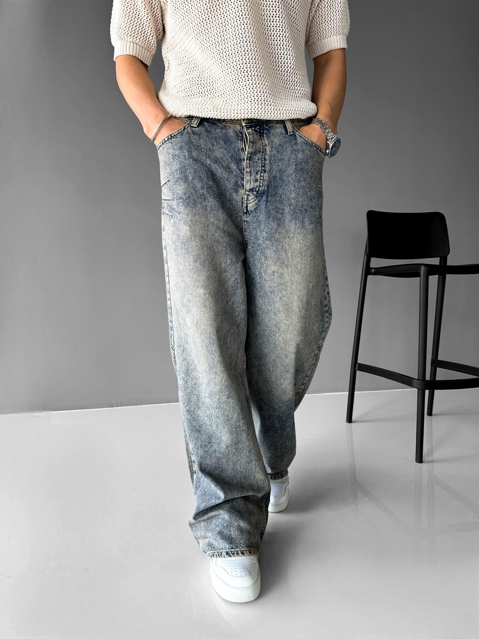 Super Baggy Fit Yan Pile Detaylı Yıkamalı  Jean Pantolon Mavi