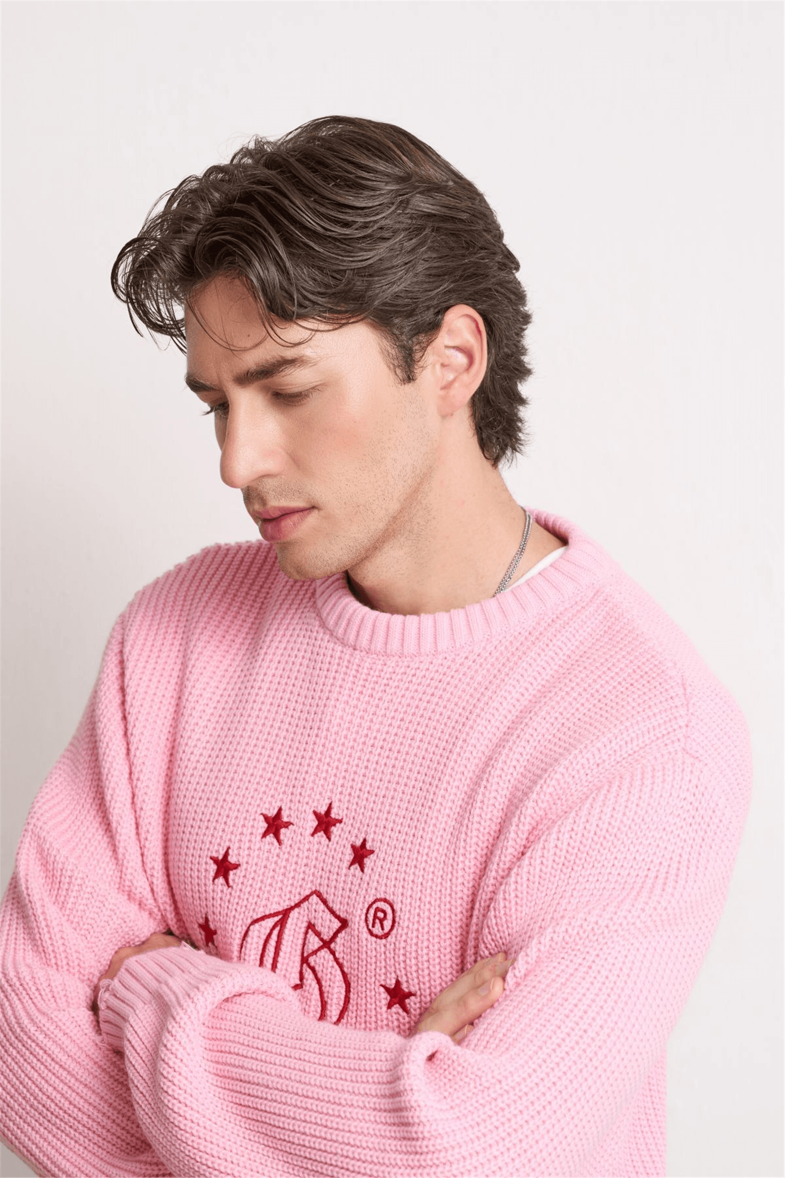 Unisex Boxy Fit Nakışlı Bisiklet Yaka Triko Kazak Pembe