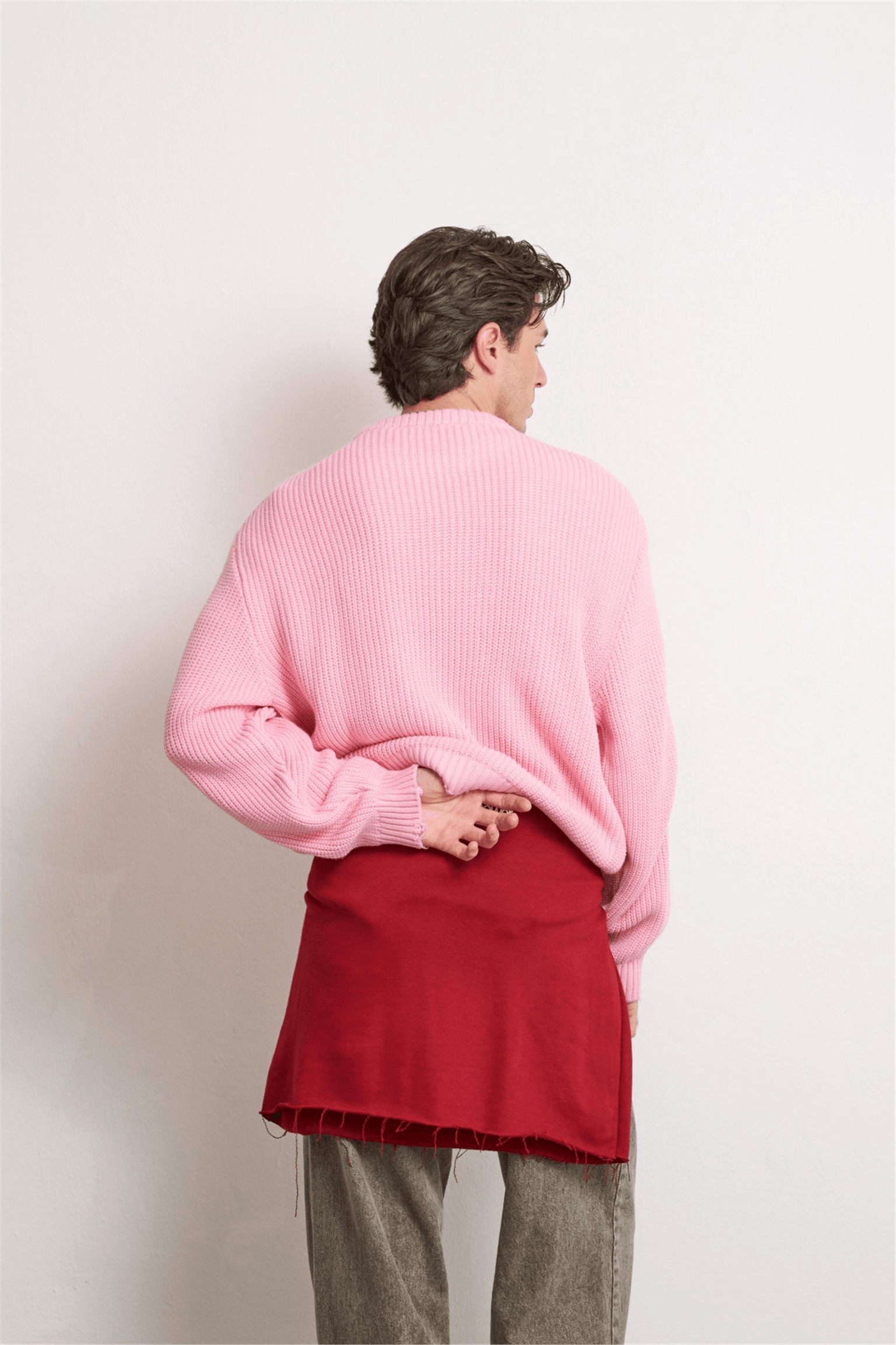 Unisex Boxy Fit Nakışlı Bisiklet Yaka Triko Kazak Pembe