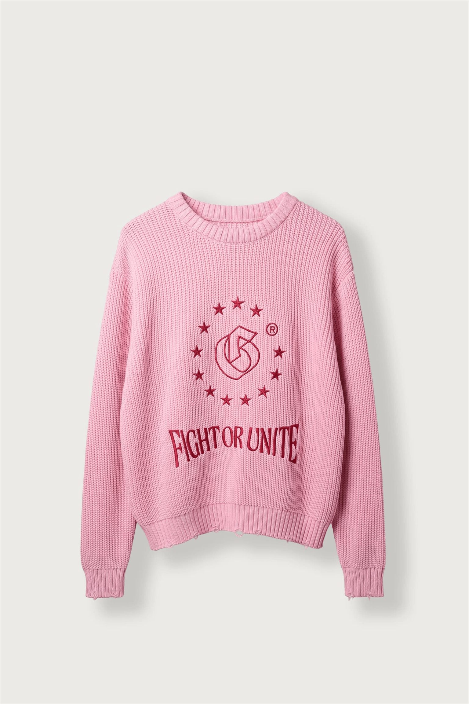 Unisex Boxy Fit Nakışlı Bisiklet Yaka Triko Kazak Pembe