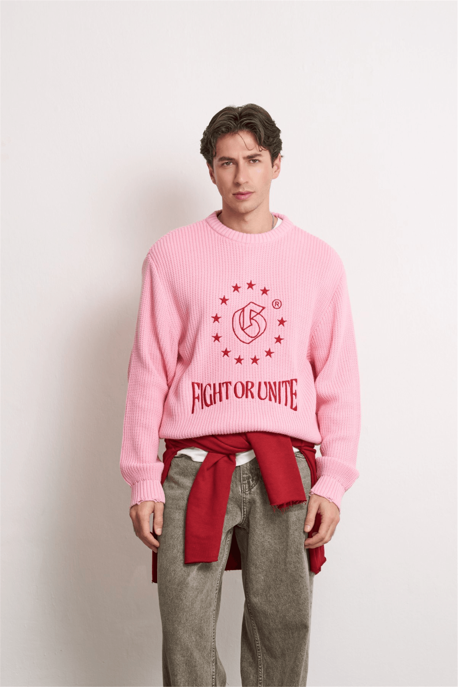 Unisex Boxy Fit Nakışlı Bisiklet Yaka Triko Kazak Pembe