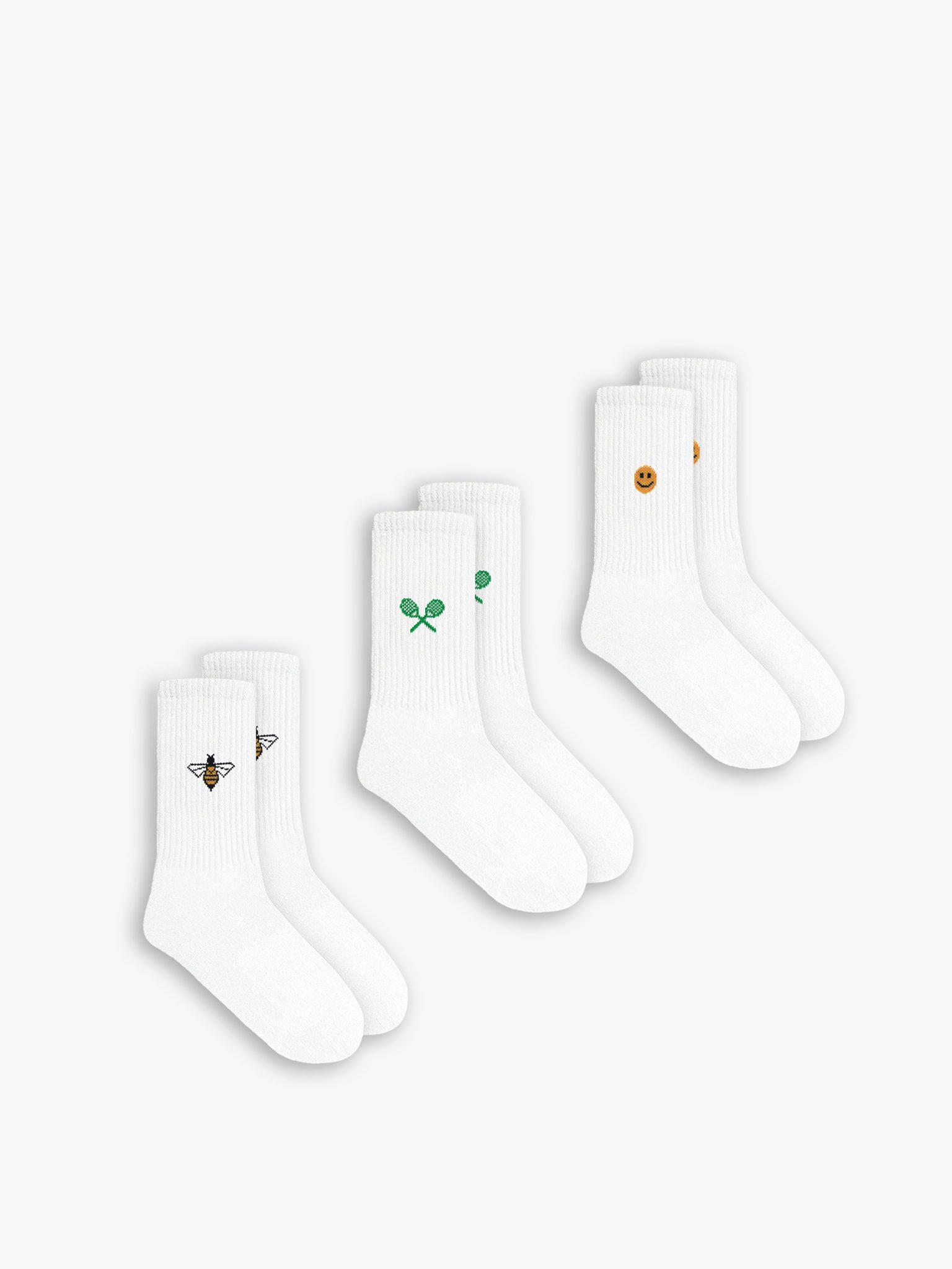 Unisex Emoji Desen Baskılı 3'Lü Uzun Kolej Tenis Çorap Beyaz