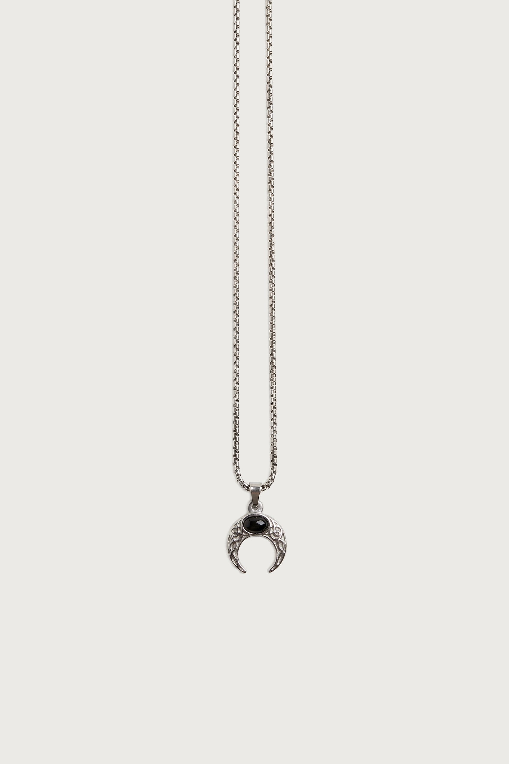 Unisex Hilal Figürlü Taşlı Çelik Kolye Siyah