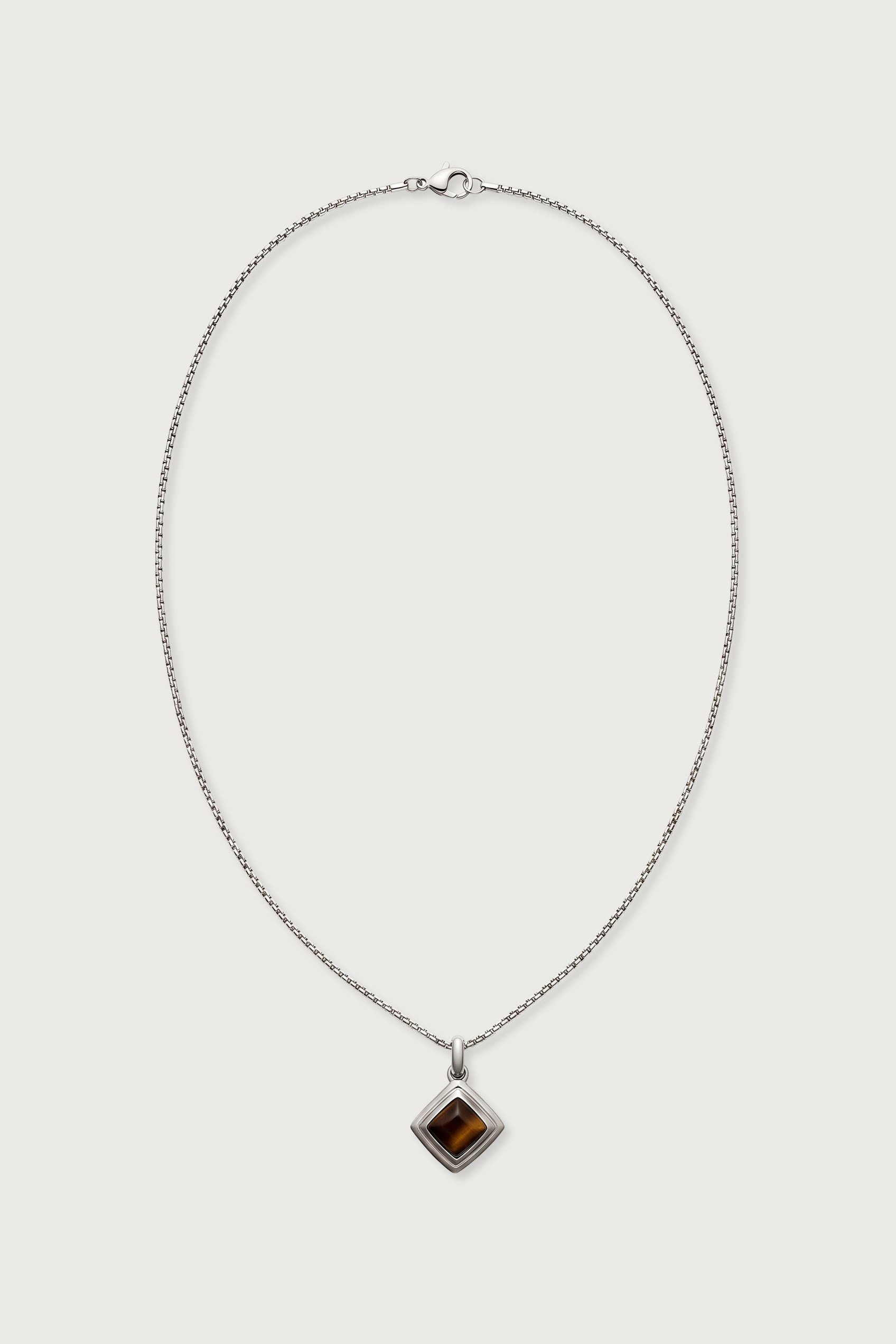 Unisex Kare Doğal Taşlı Çelik Kolye Koyu Kahve