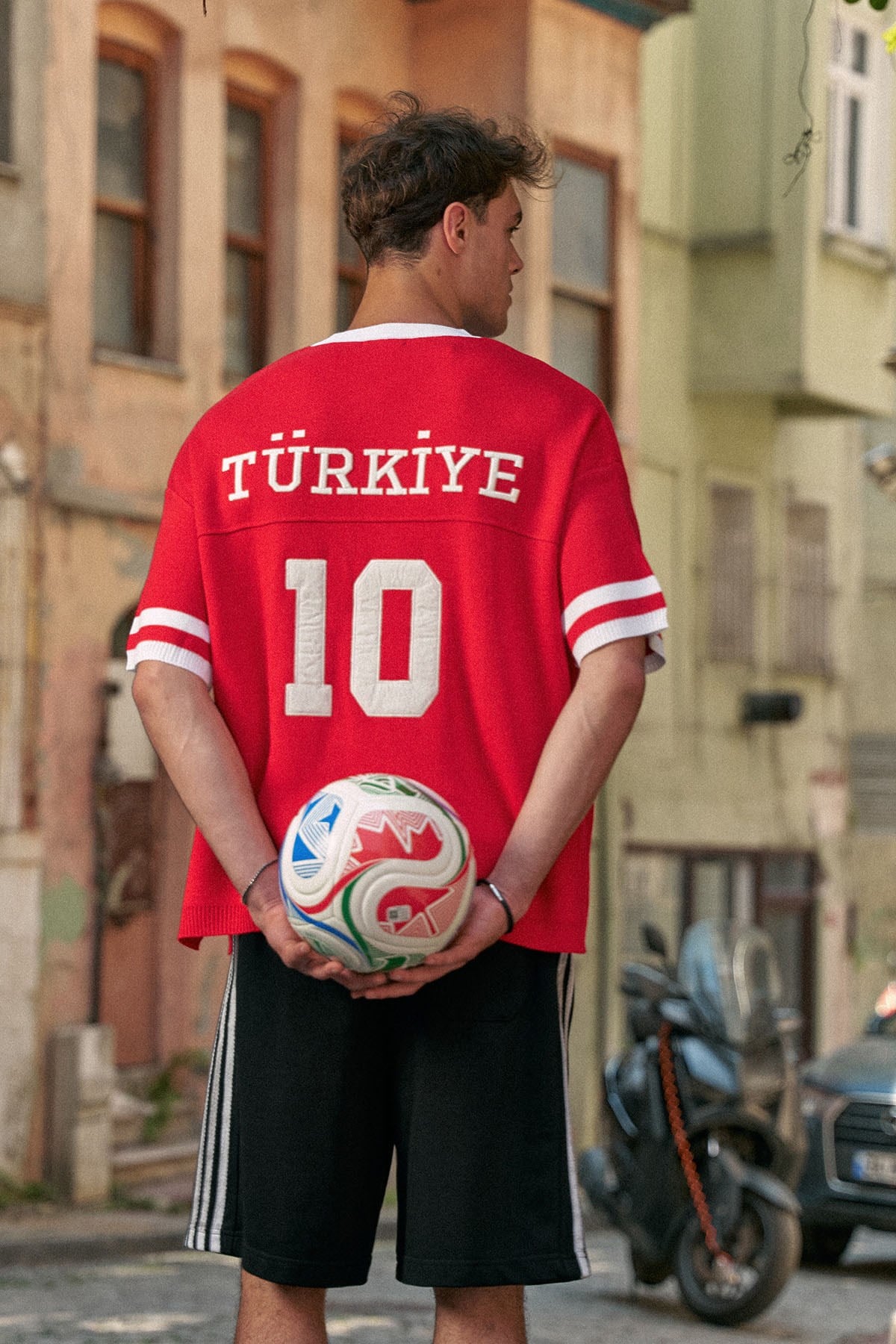 Unisex Oversize Premium Ay Yıldız Triko Forma T-Shirt Kırmızı