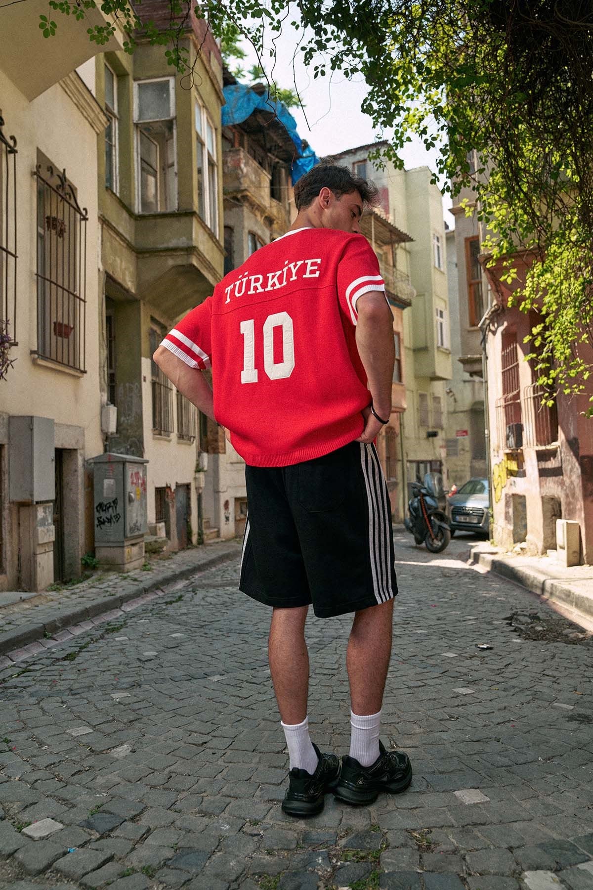 Unisex Oversize Premium Ay Yıldız Triko Forma T-Shirt Kırmızı