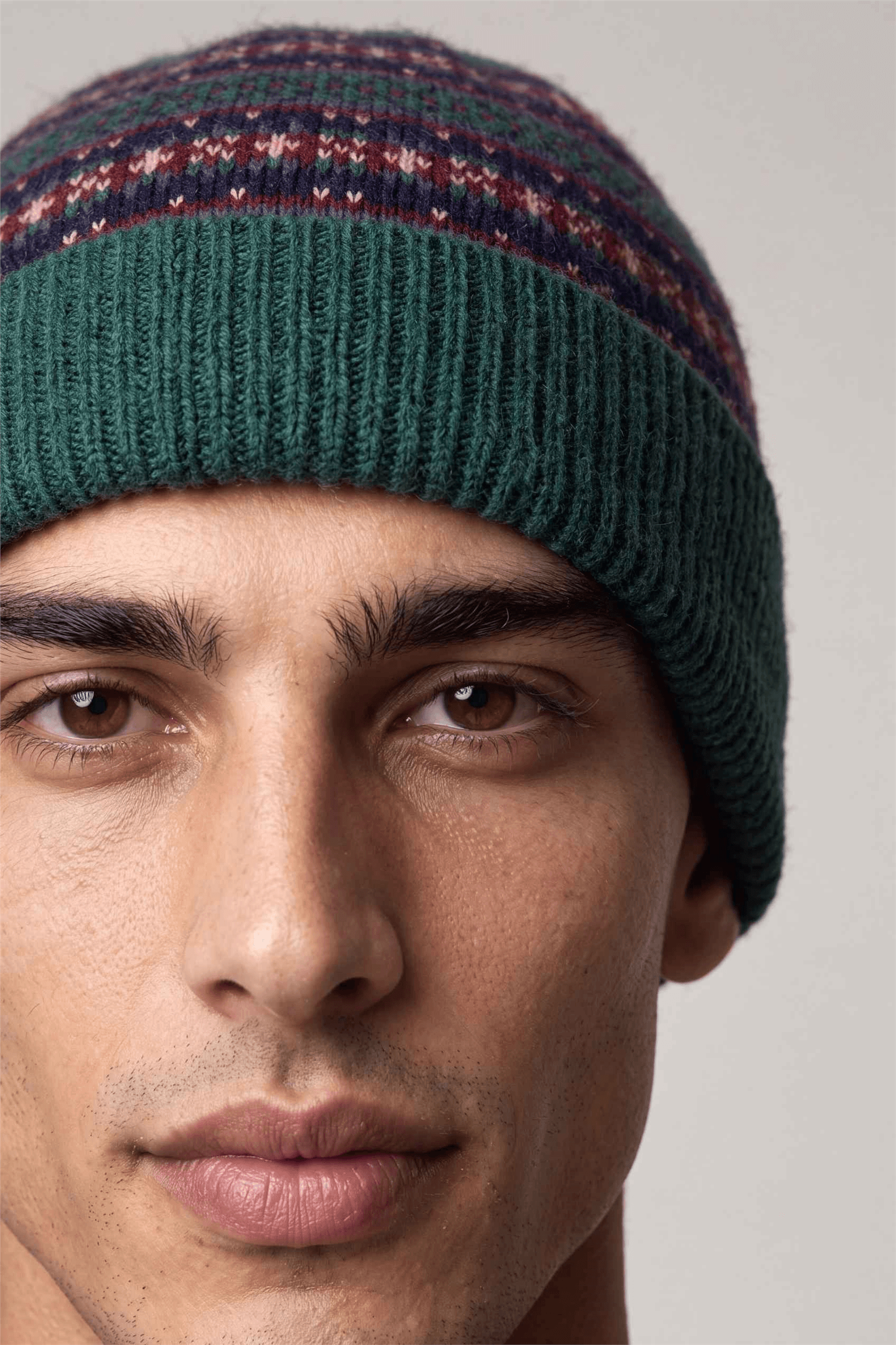 Unisex Vintage Yün Karışımlı Jakar Desenli Bere Yeşil