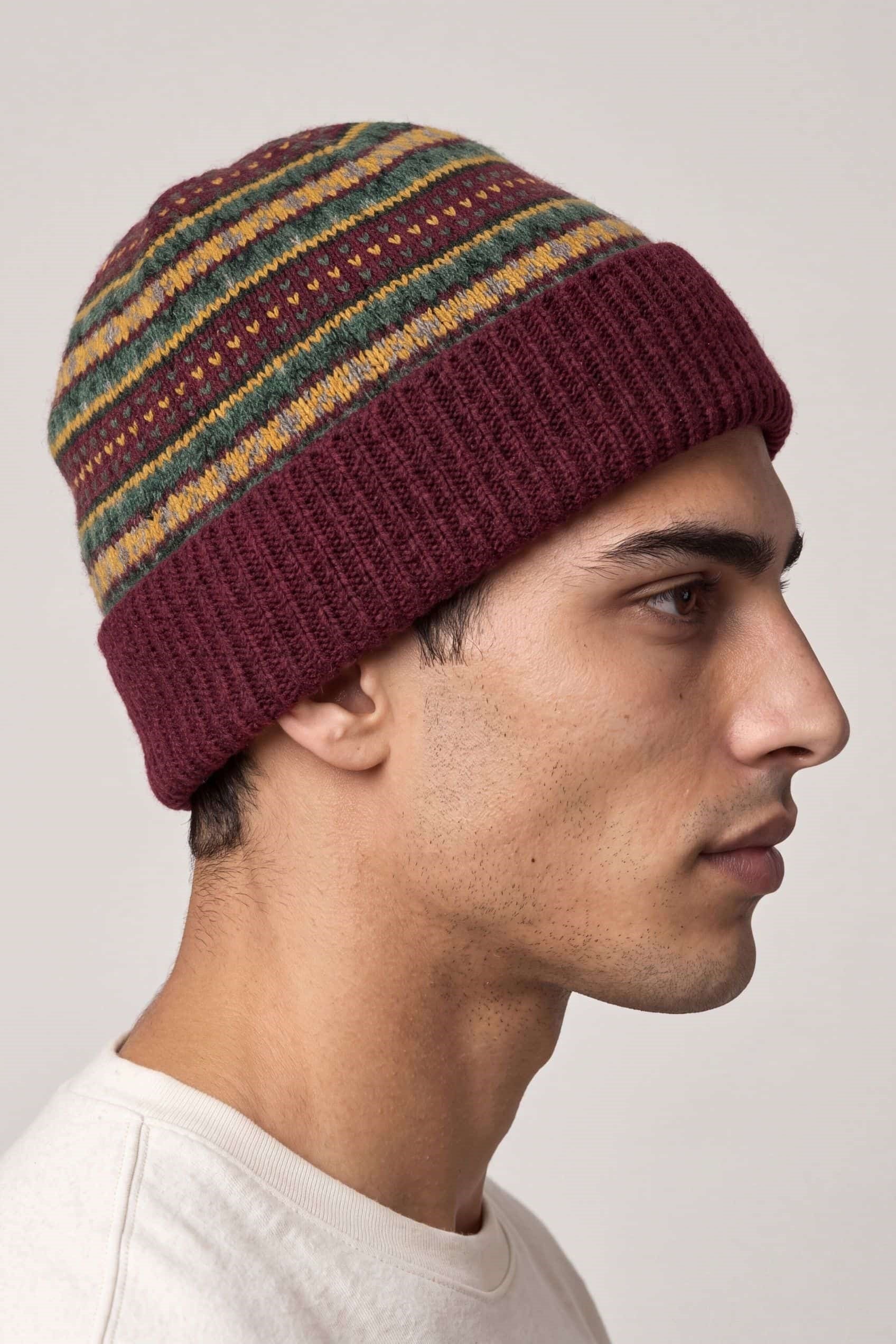 Unisex Vintage Yün Karışımlı Jakar Desenli Bere Bordo