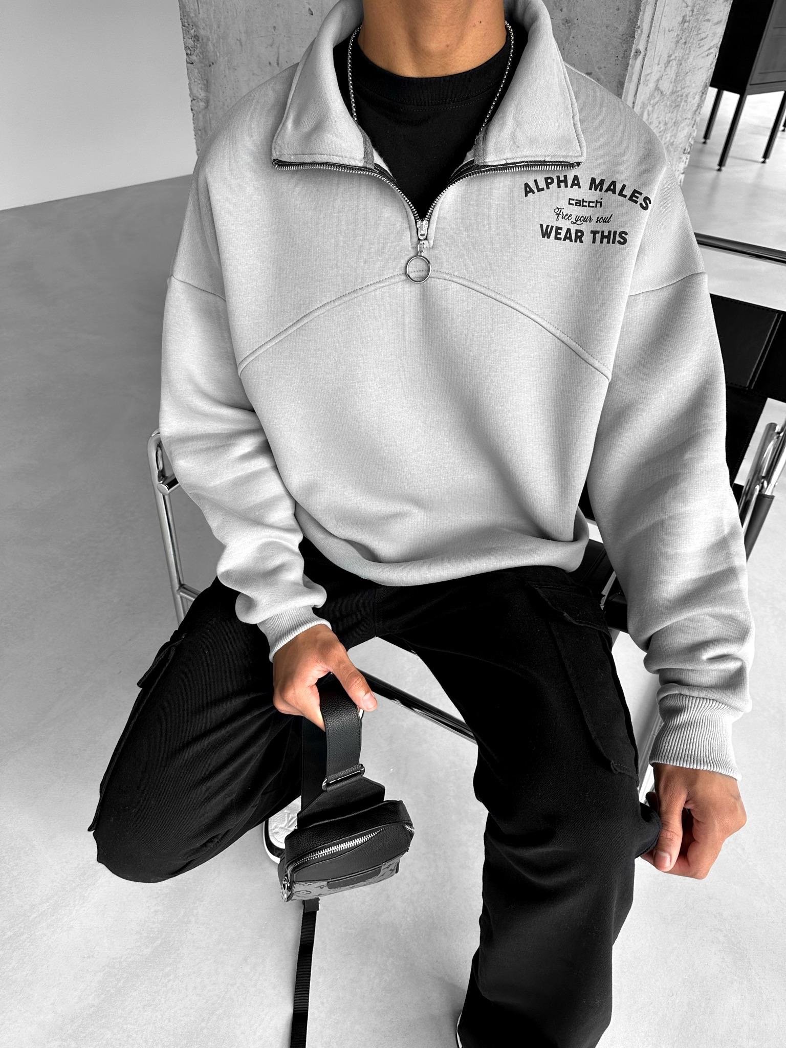 Yarım Fermuarlı Baskılı Sweatshirt Gri