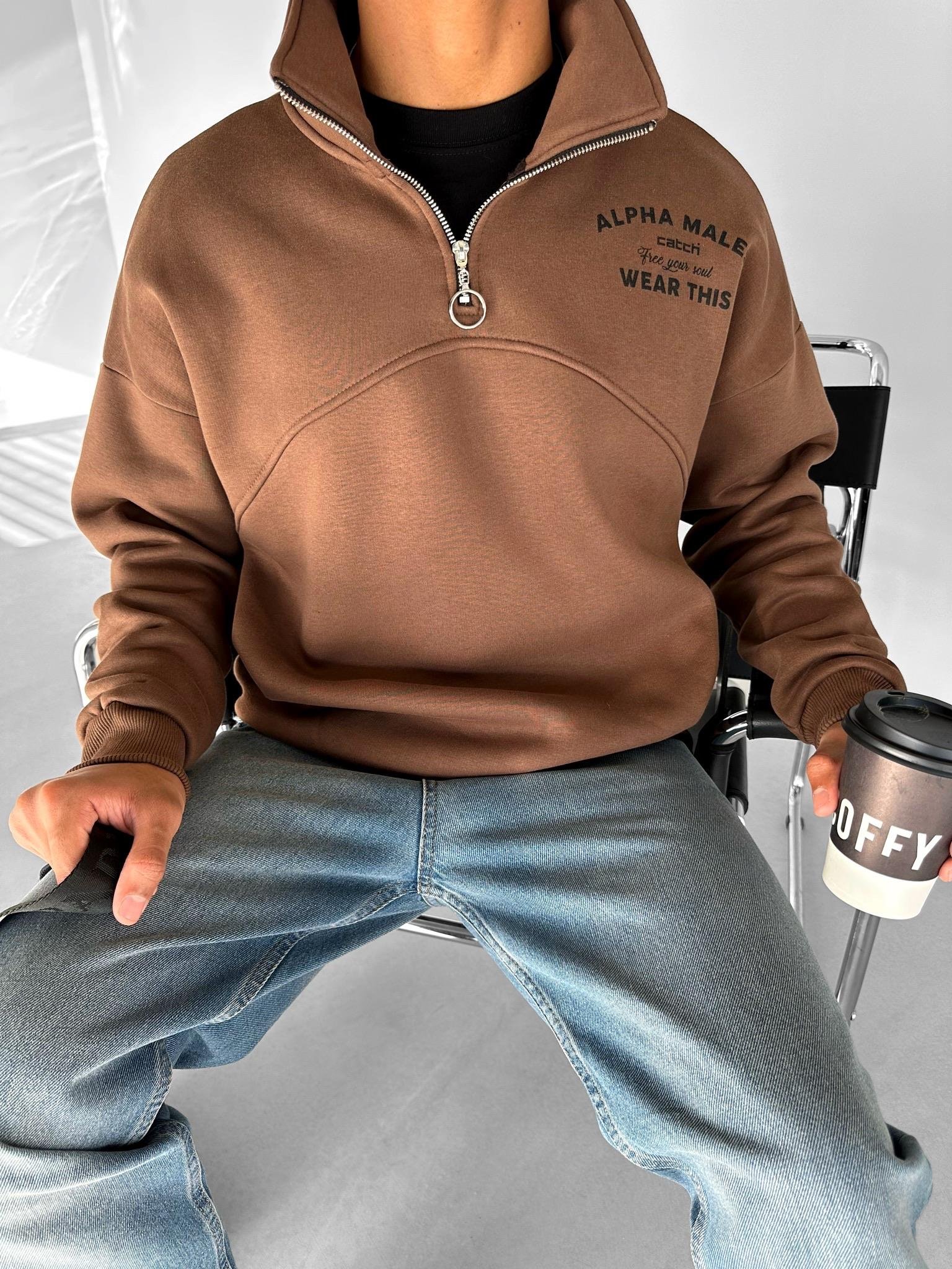 Yarım Fermuarlı Baskılı Sweatshirt Kahverengi
