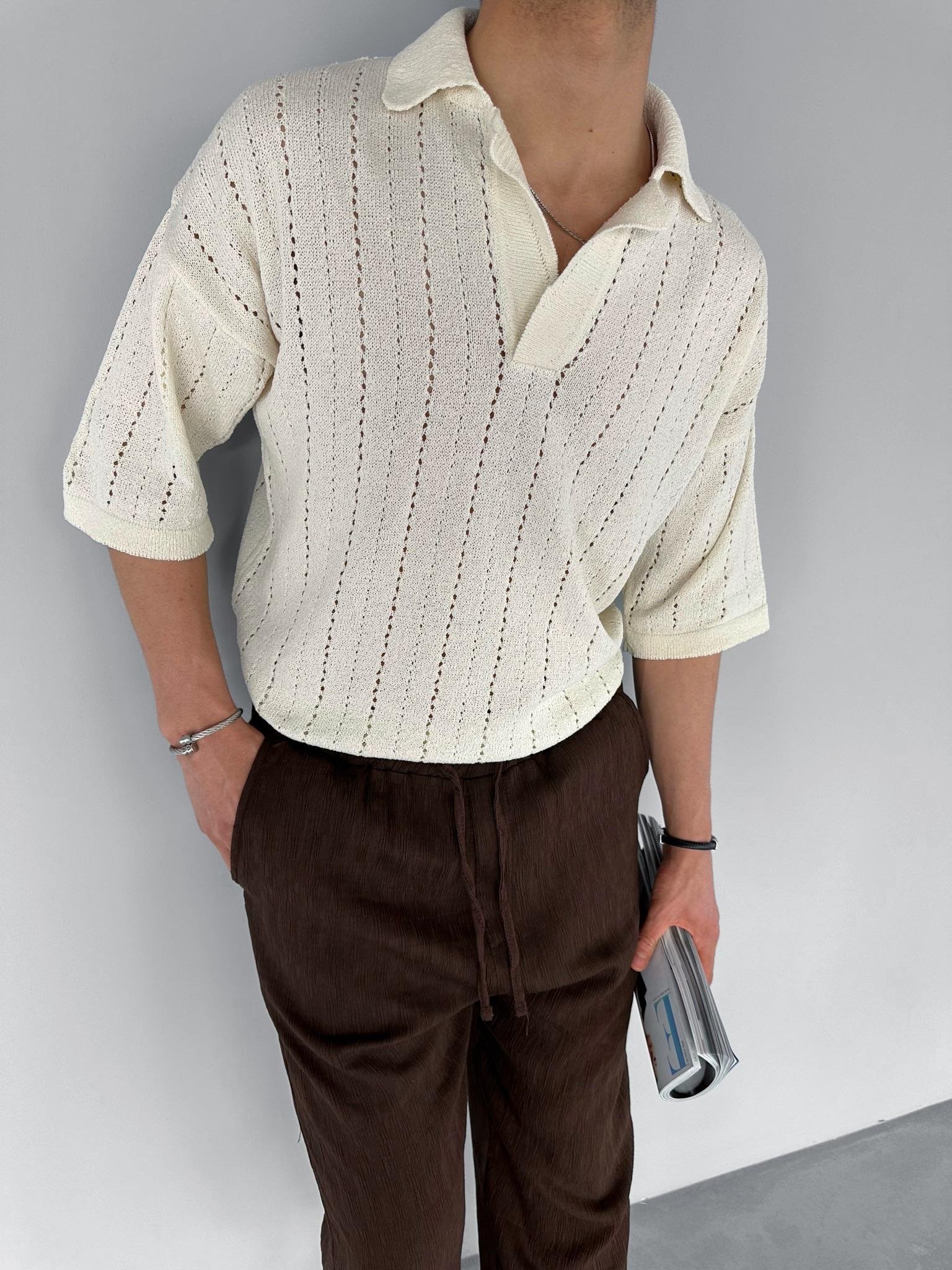 Yarım Pat Gömlek Yaka Desenli Oversize Triko T-Shirt Krem