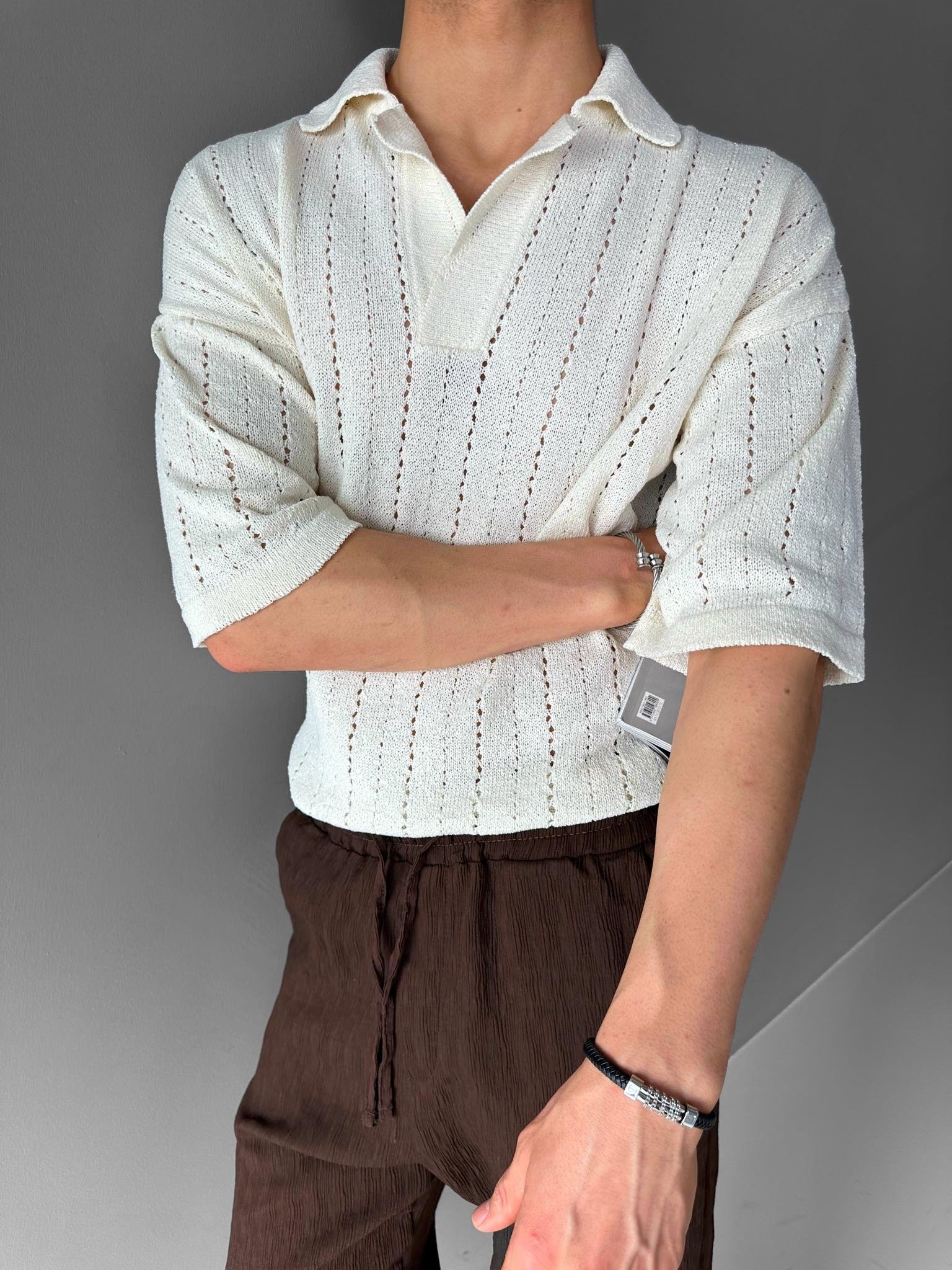 Yarım Pat Gömlek Yaka Desenli Oversize Triko T-Shirt Krem