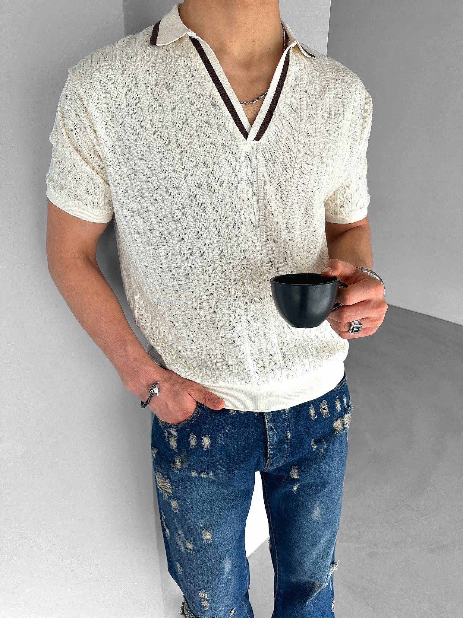 Yarım Pat Gömlek Yaka Desenli Triko T-Shirt Krem Kahve