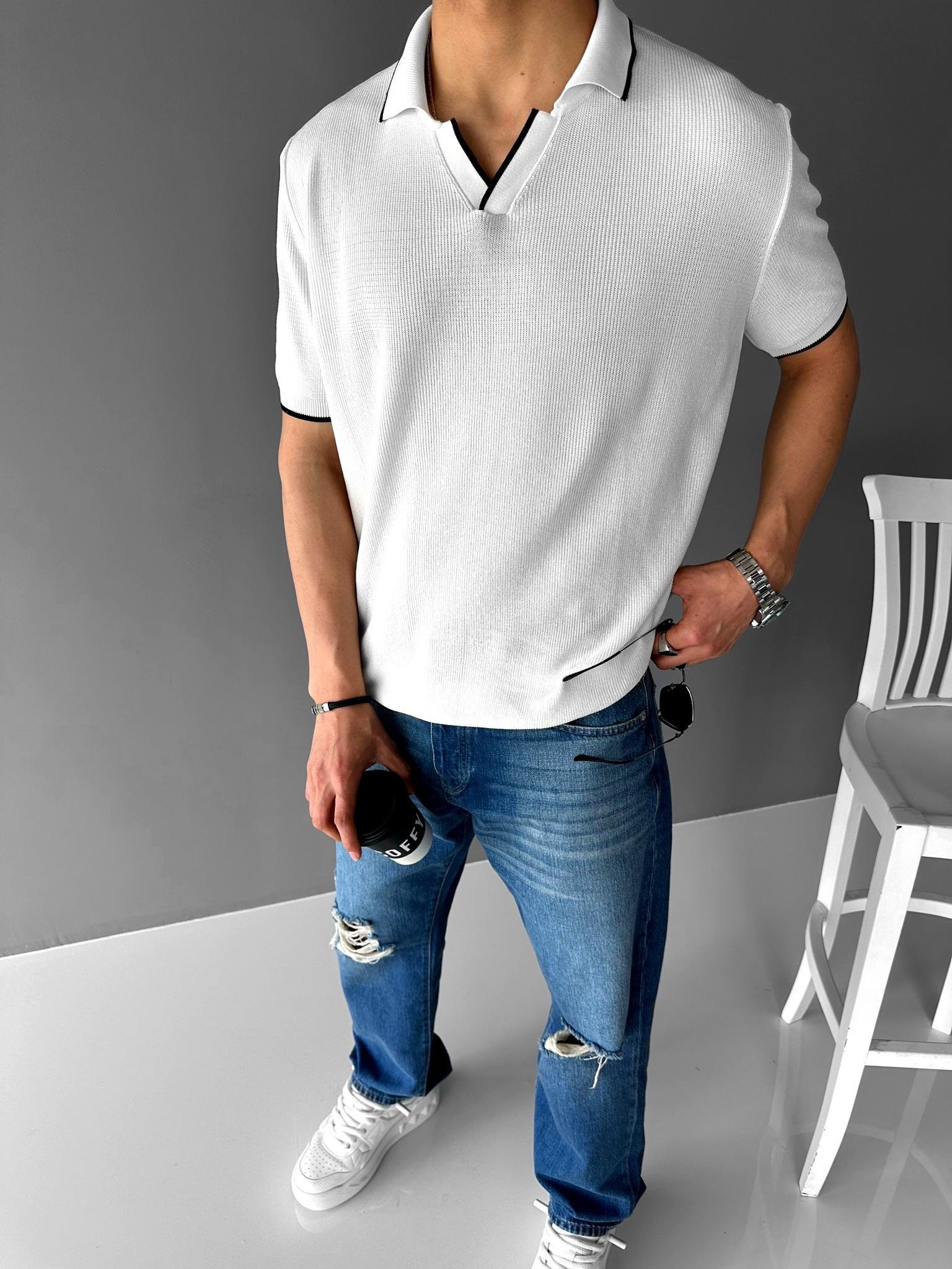 Yarım Pat Gömlek Yaka Triko T-Shirt Ekru