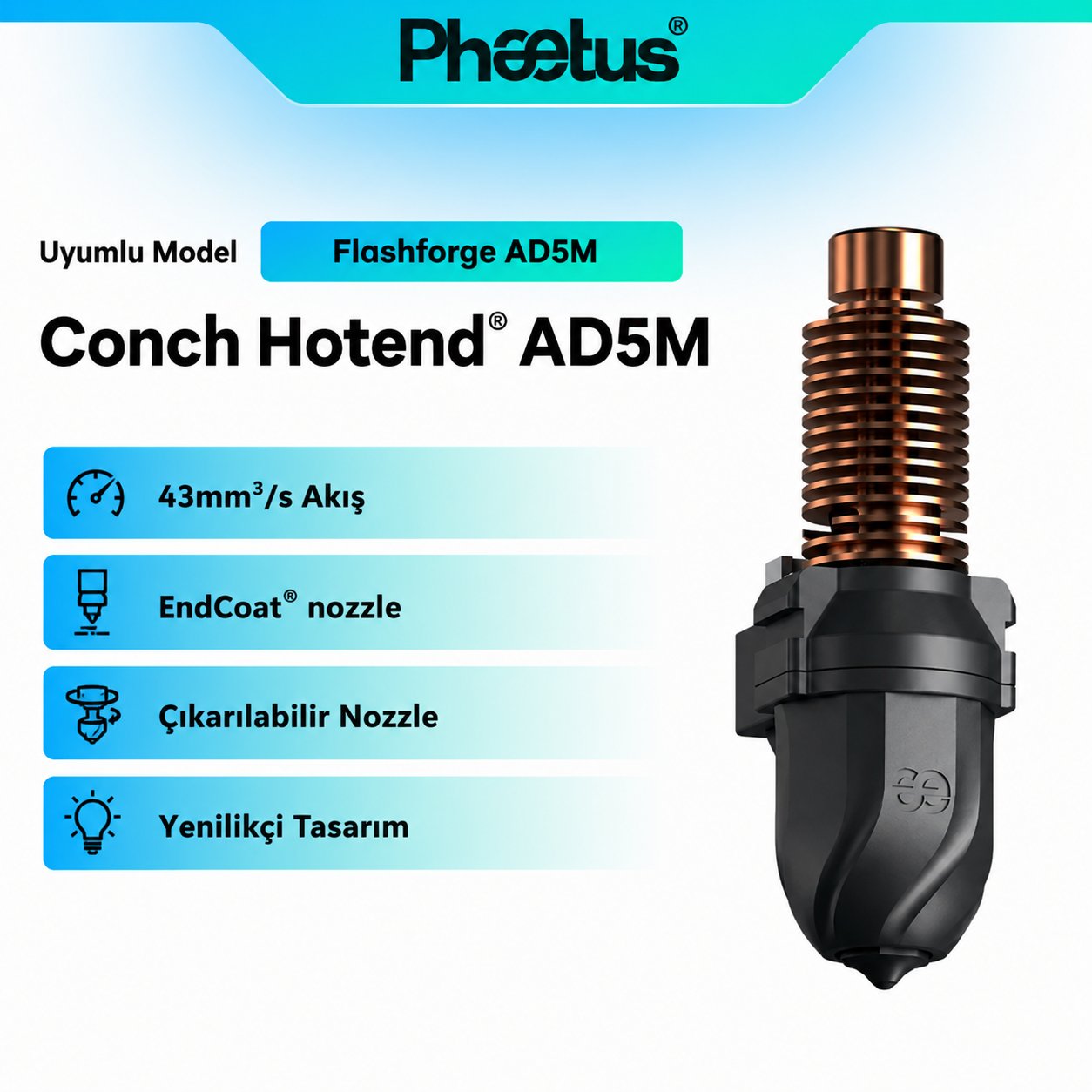 Phaetus AD5M/AD5M Pro 0.4mm Değiştirilebilir Nozzle Conch M6 Endcoat Hotend