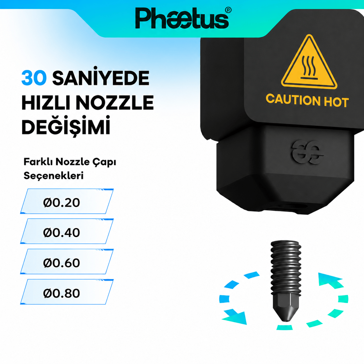 Phaetus H2D 0.4mm Değiştirilebilir Nozzle Conch M4 Endcoat Hotend