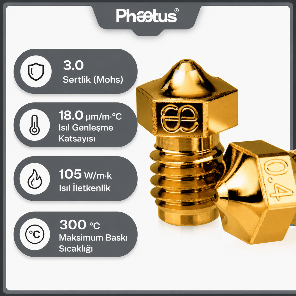 Phaetus PS M6/V6 Pirinç Nozzle 0.2 mm