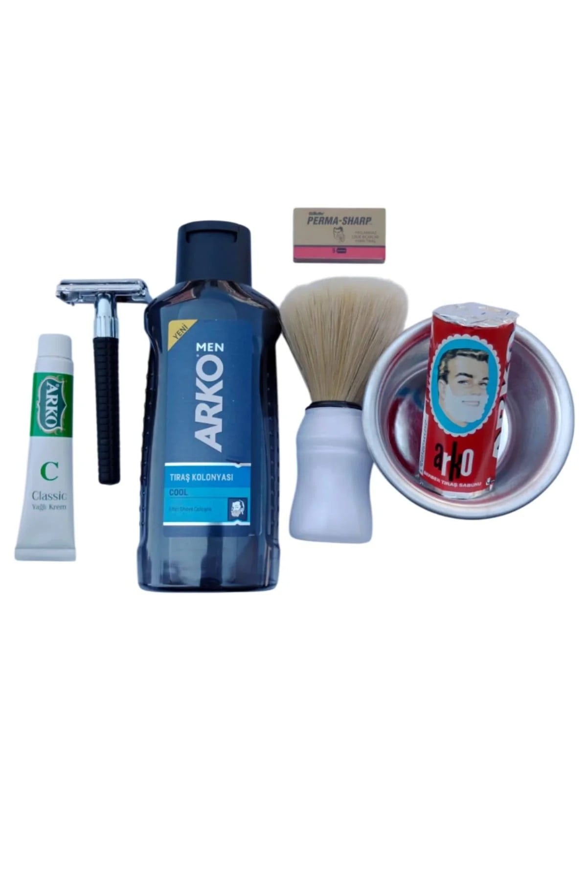 Arko Men Cool Tras Kolonyasi Orak Plastik Sapli Tras Makinasi Perma Sharp Jilet Arko Berber Tras Sabunu Sakal Fircasi Metal Tras Tasi Arko Nem Klasik Cilt Besleyici Yagli Krem 20 Cc Tras Seti
