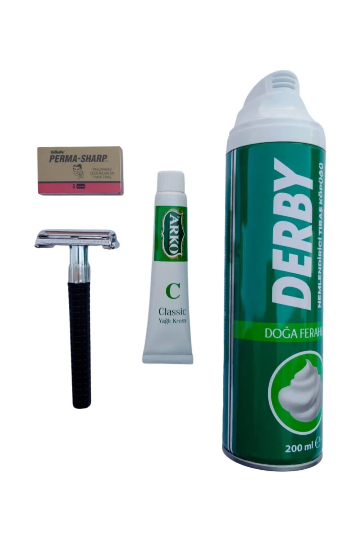 Derby Tras Kopugu Orak Plastik Sapli Tras Makinasi Perma Sharp Yaprak Jilet Arko Nem Klasik Cilt Besleyici Yagli Krem 20 Cc Tras Seti