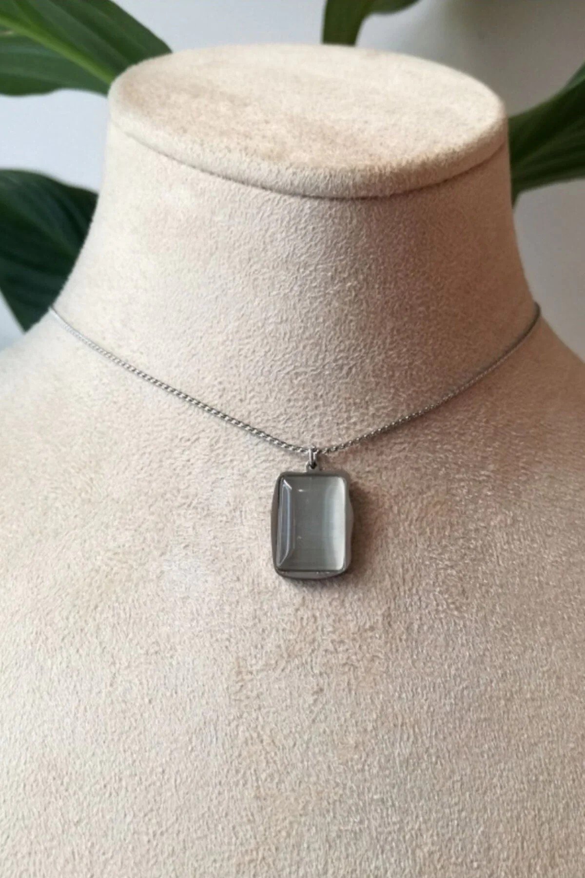 Dikdortgen Tasarim İnce Silver Zincirli Gumus Renkli Safir Tasli Kaliteli Paslanmaz Celik Kolye Stainless Stell