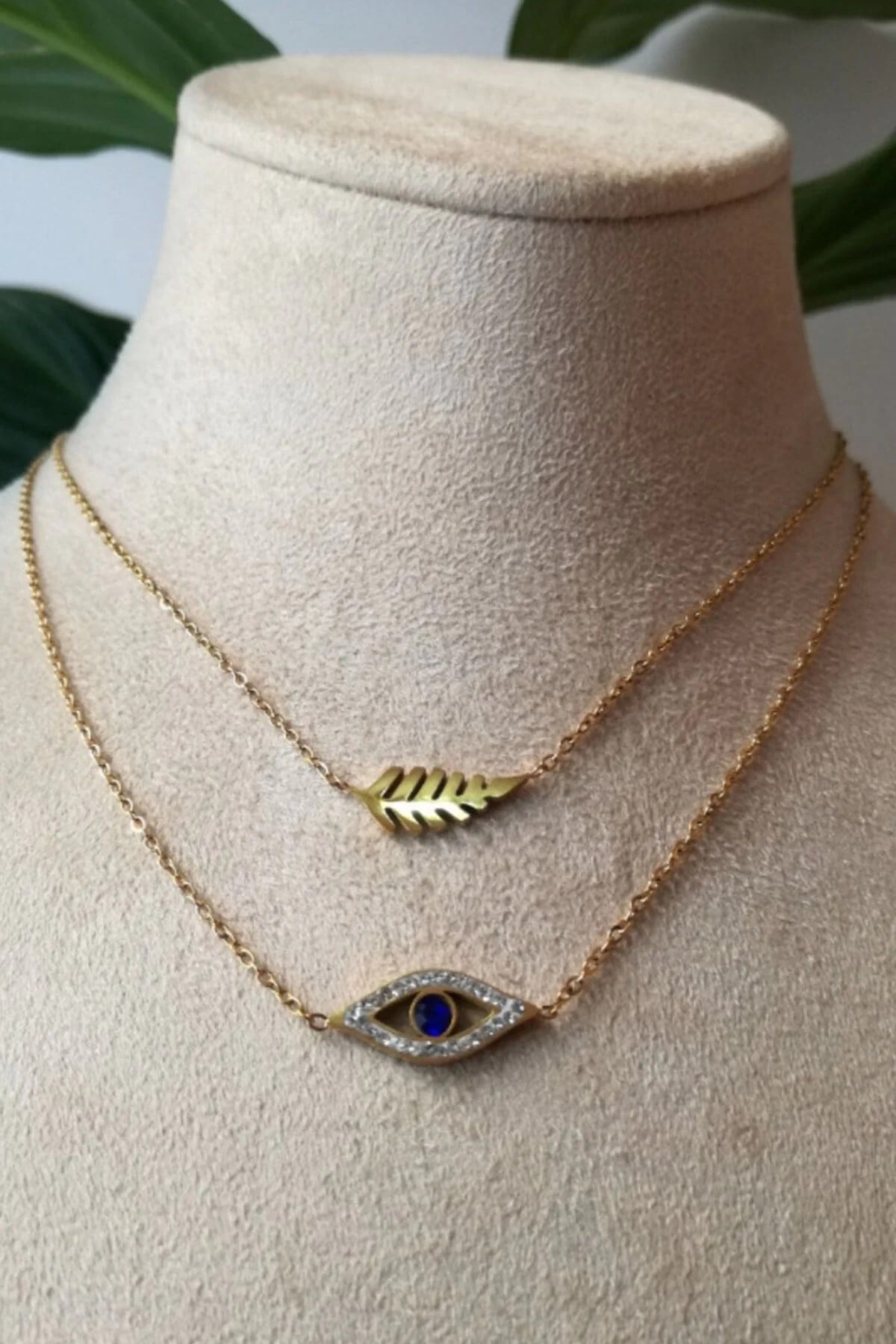 Goz Nazar Boncuklu Yaprak Tasarim İnce Gold Cift Zincirli Altin Renkli Zirkon Tasli Kaliteli Paslanmaz Celik Kolye Stainless Stell