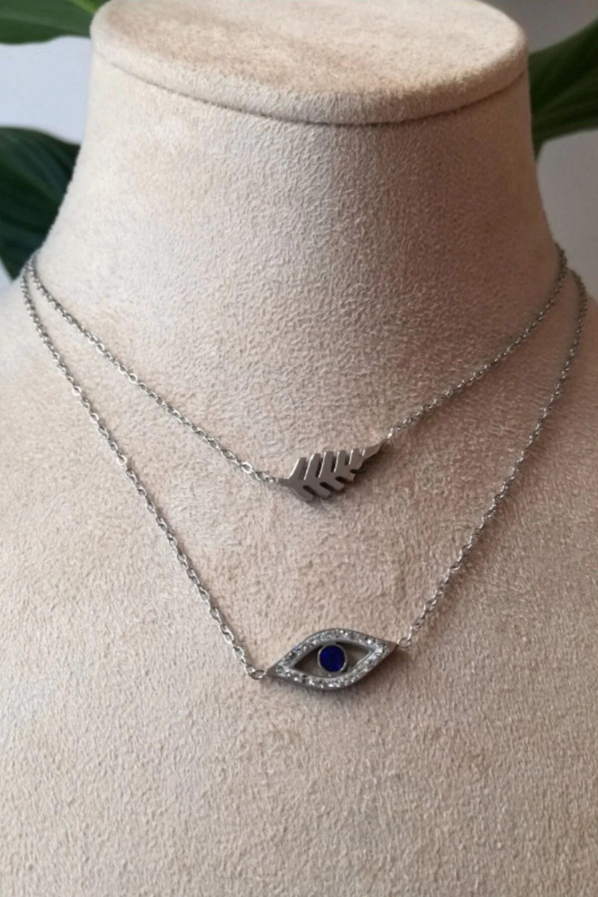 Goz Nazar Boncuklu Yaprak Tasarim İnce Silver Cift Zincirli Gumus Renkli Zirkon Tasli Kaliteli Paslanmaz Celik Kolye Stainless Stell