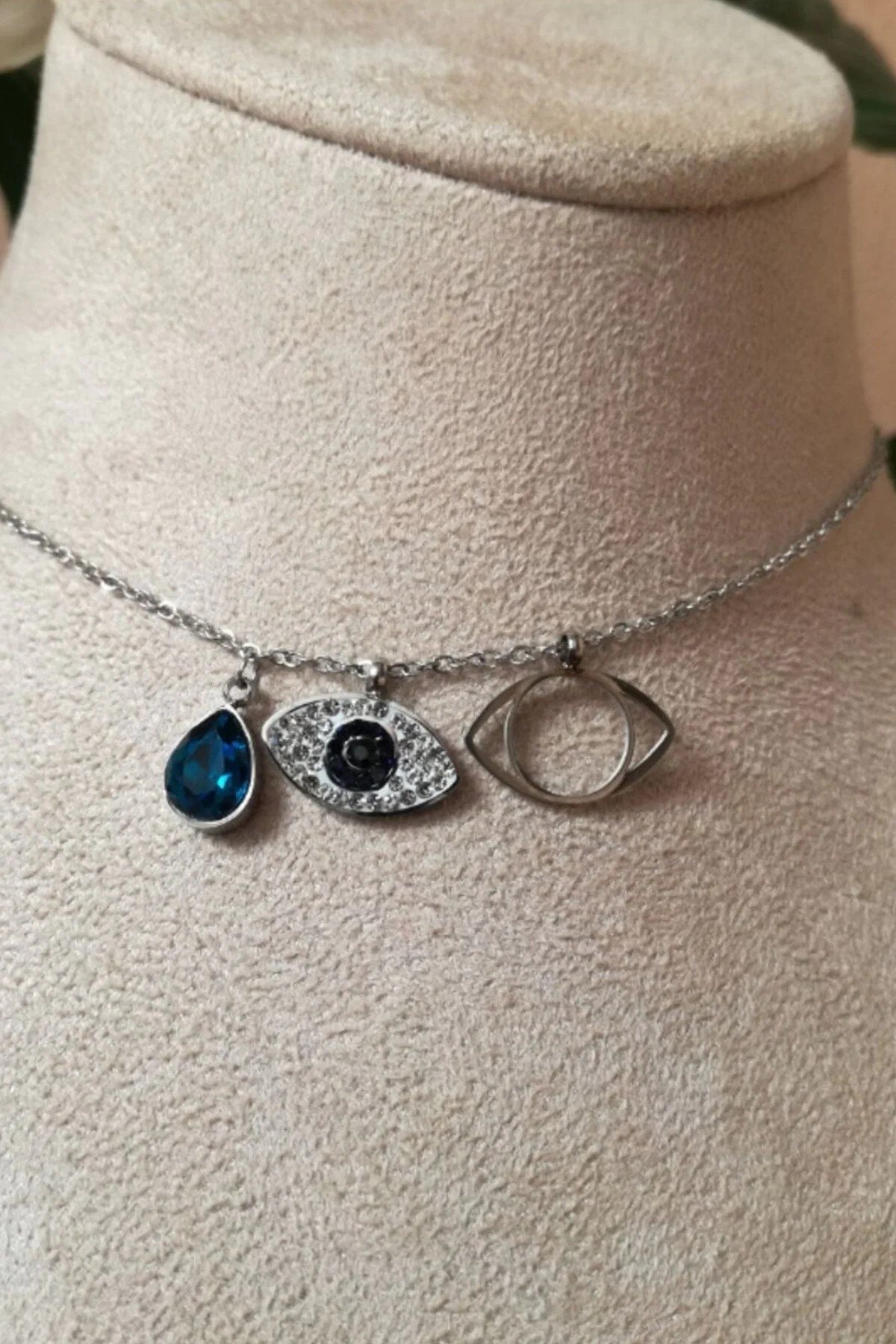 Goz Tasarim Nazar Boncuklu Safir Tasli İnce Silver Zincirli Gumus Renkli Kaliteli Paslanmaz Celik Kolye Stainless Stell