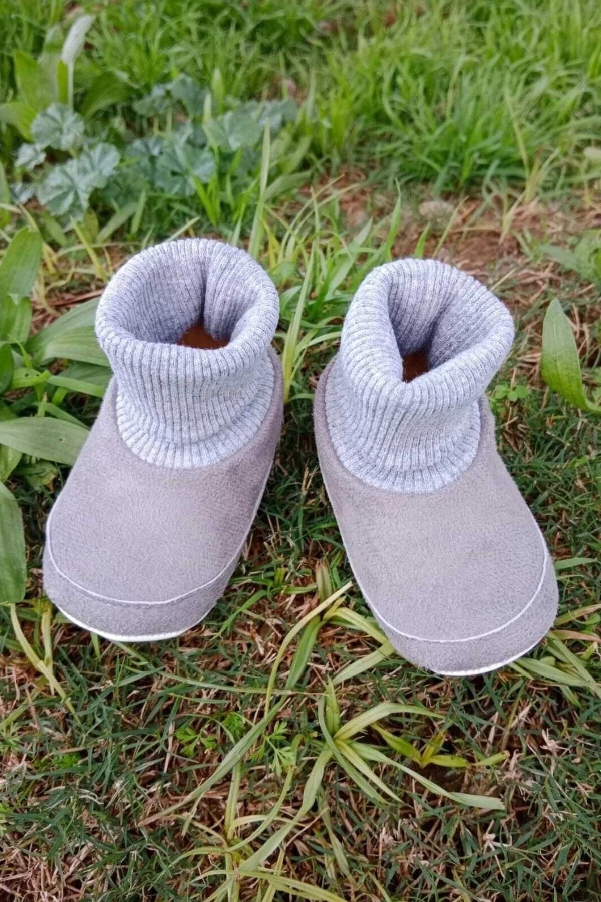 Gri Renkli İci Pamuklu Astarli Corapli Model Organik Ortopedik Cocuk Bebek İlkadim Patik Panduf Ayakkabi