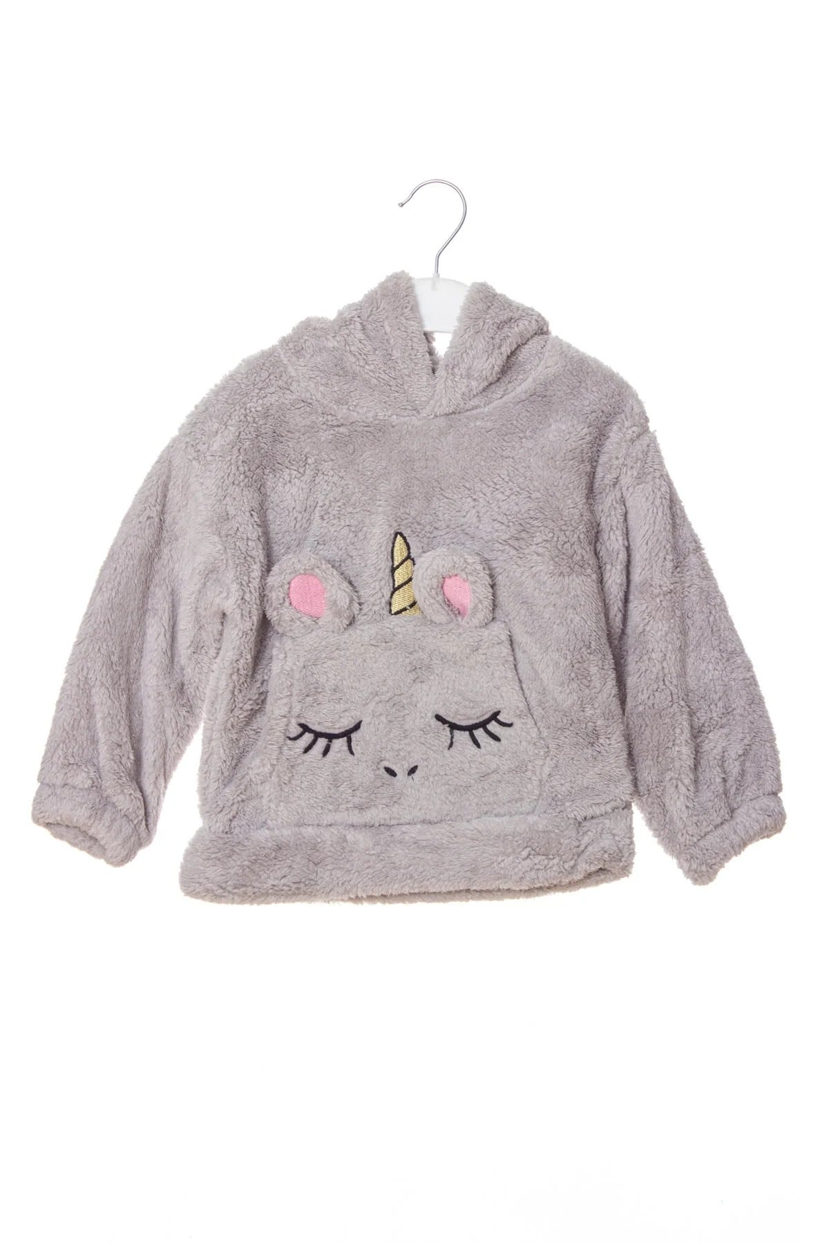 Gri Renkli Unicorn Nakisli Cepli Kaliteli Organik Uzun Kollu Kapusonlu Sweatshirt Kiyafet