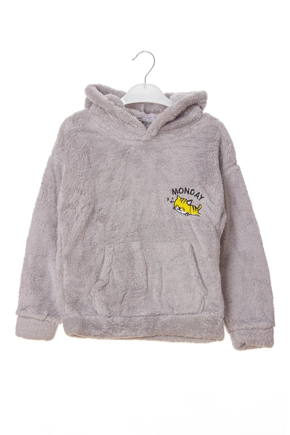 Gri Renkli Uyuyan Kedi Detayli Cepli Kapusonlu Monday Nakisli Kaliteli Uzun Kollu Sweatshirt