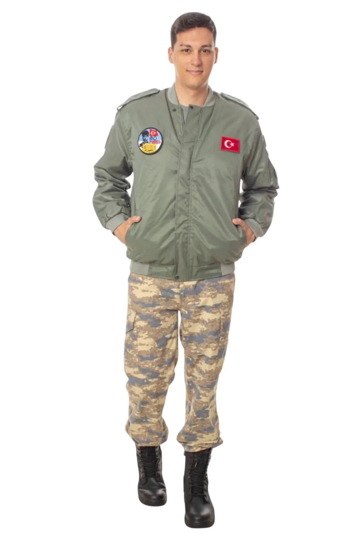 Hava Kuvvetleri Sedef Yesili Renkli 4 Cepli Uzun Kollu Fermuarli Citcitli İc Cepli Orjinal Pilot Mont Ceket Kamuflaj Pantolon Alt Ust Takim
