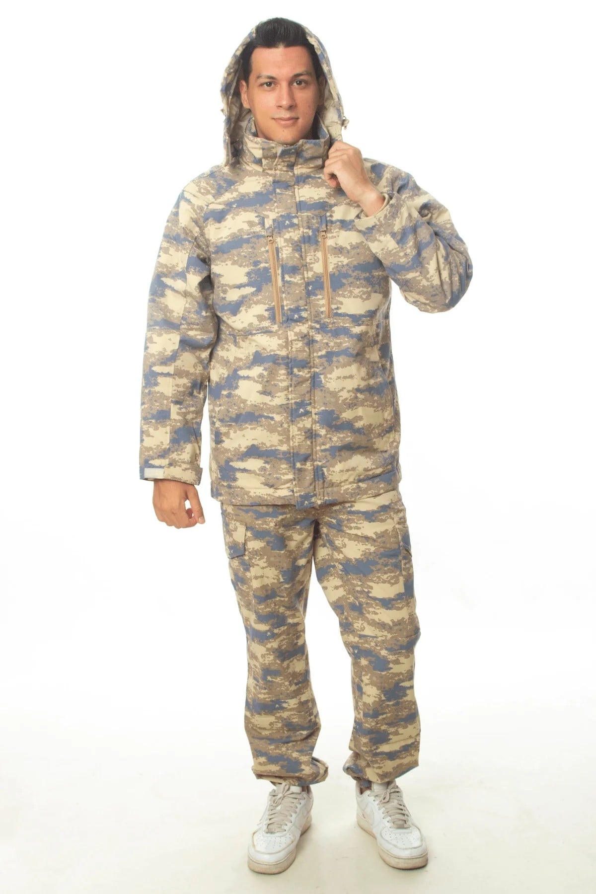 Hava Kuvvetleri Yeni Kamuflaj Renkli Uzun Kollu Sapkali Fermuarli Kislik Parka Mont Kargo Cepli Taktik Pantolon Long Sleeve Camouflage
