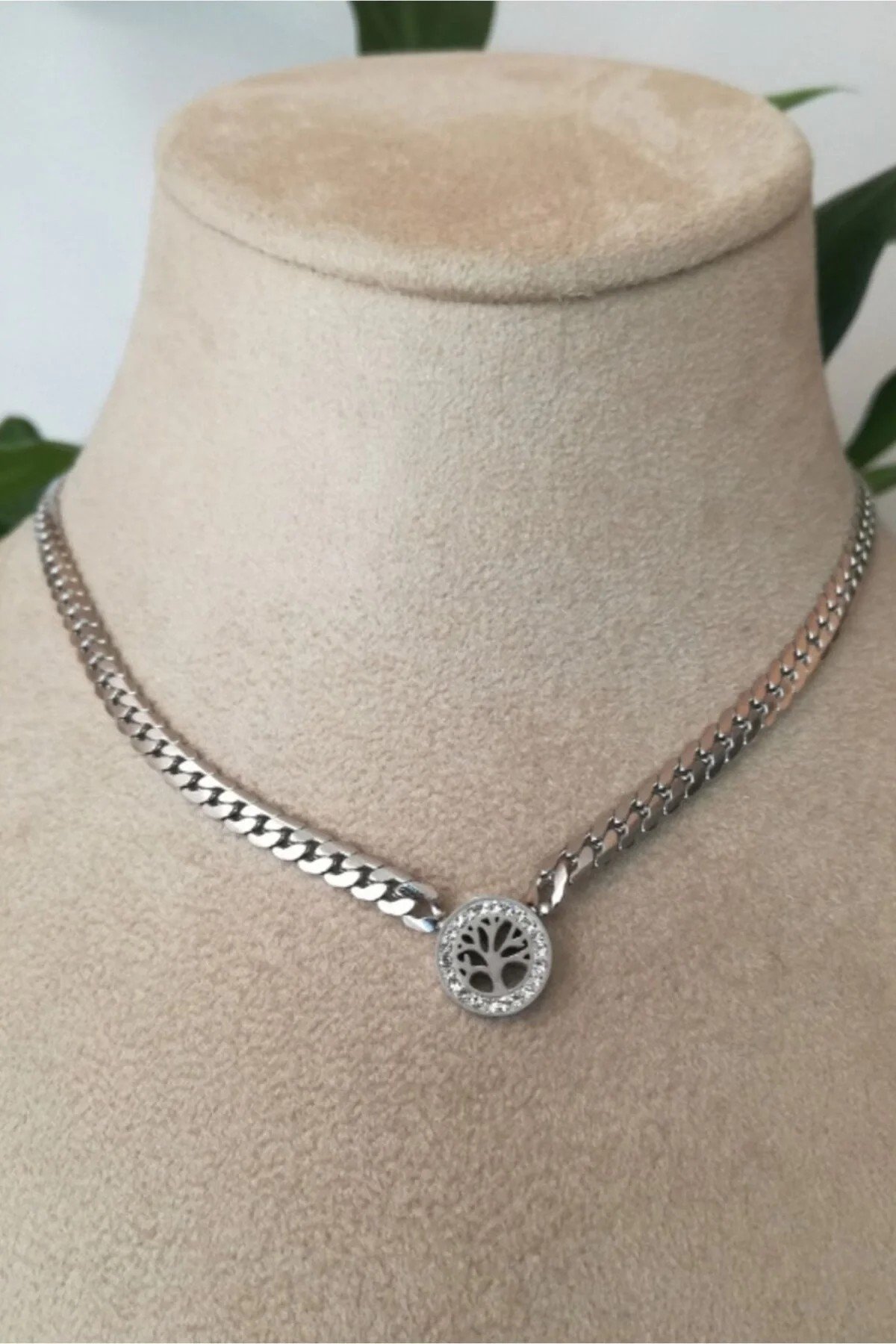 Hayat Agaci Orme Kalin Zincirli Tasarim Gumus Renkli Zirkon Tasli Kaliteli Paslanmaz Celik Kolye Stainless Stell