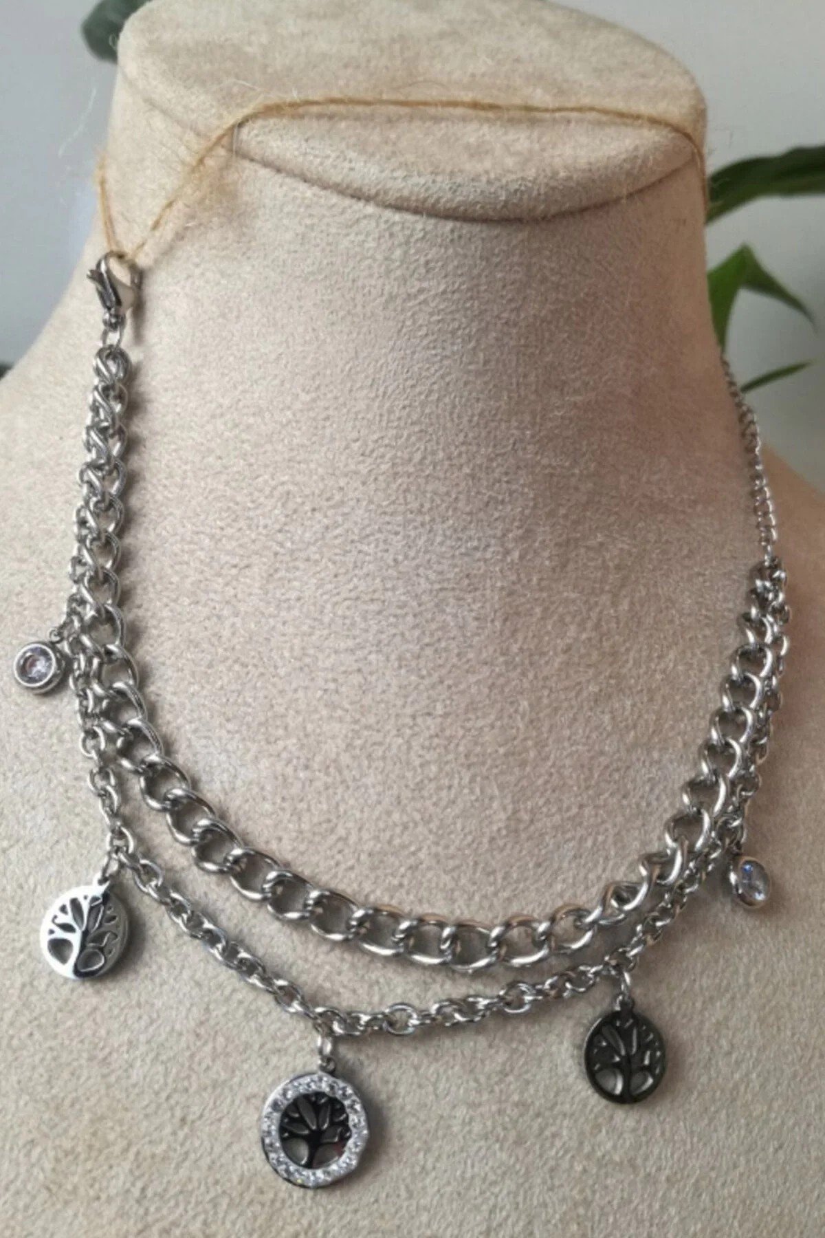 Hayat Agaci Orme Tasarim Kalin Cift Silver Zincirli Gumus Renkli Zirkon Tasli Kaliteli Paslanmaz Celik Bileklik Halhal Stainless Stell